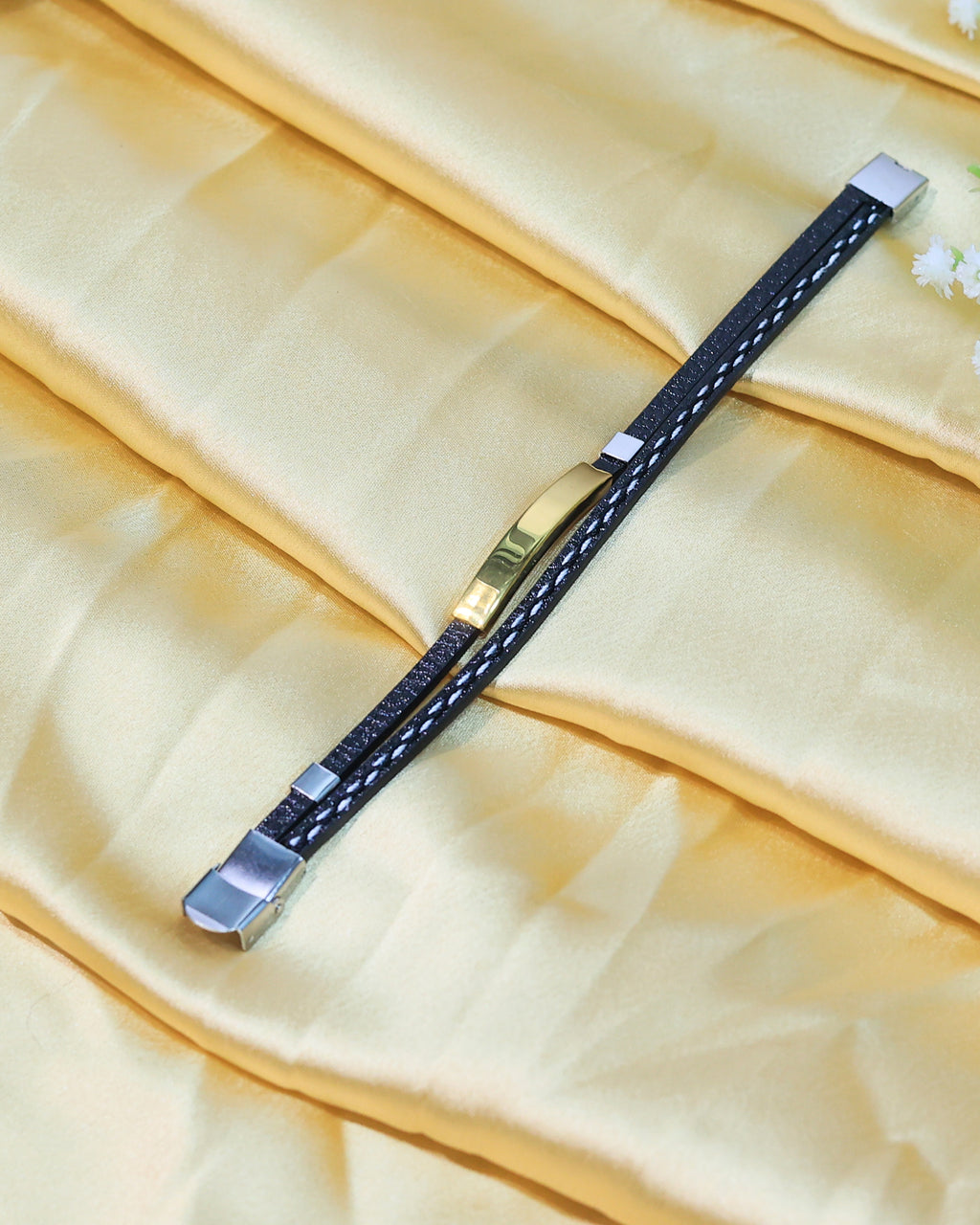 Black Leather Bracelet with Gold Tone Rectangular Bar