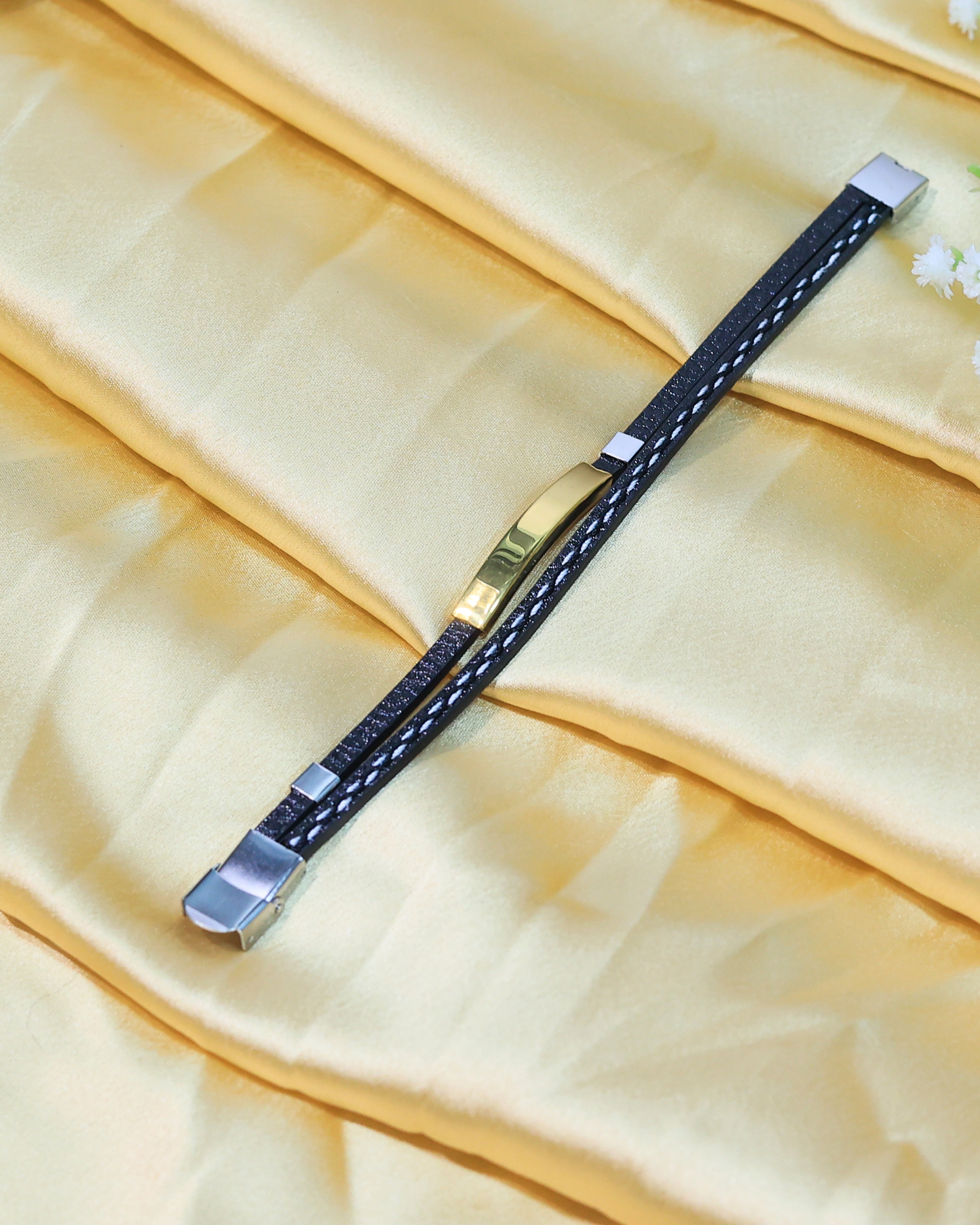 Black Leather Bracelet with Gold Tone Rectangular Bar