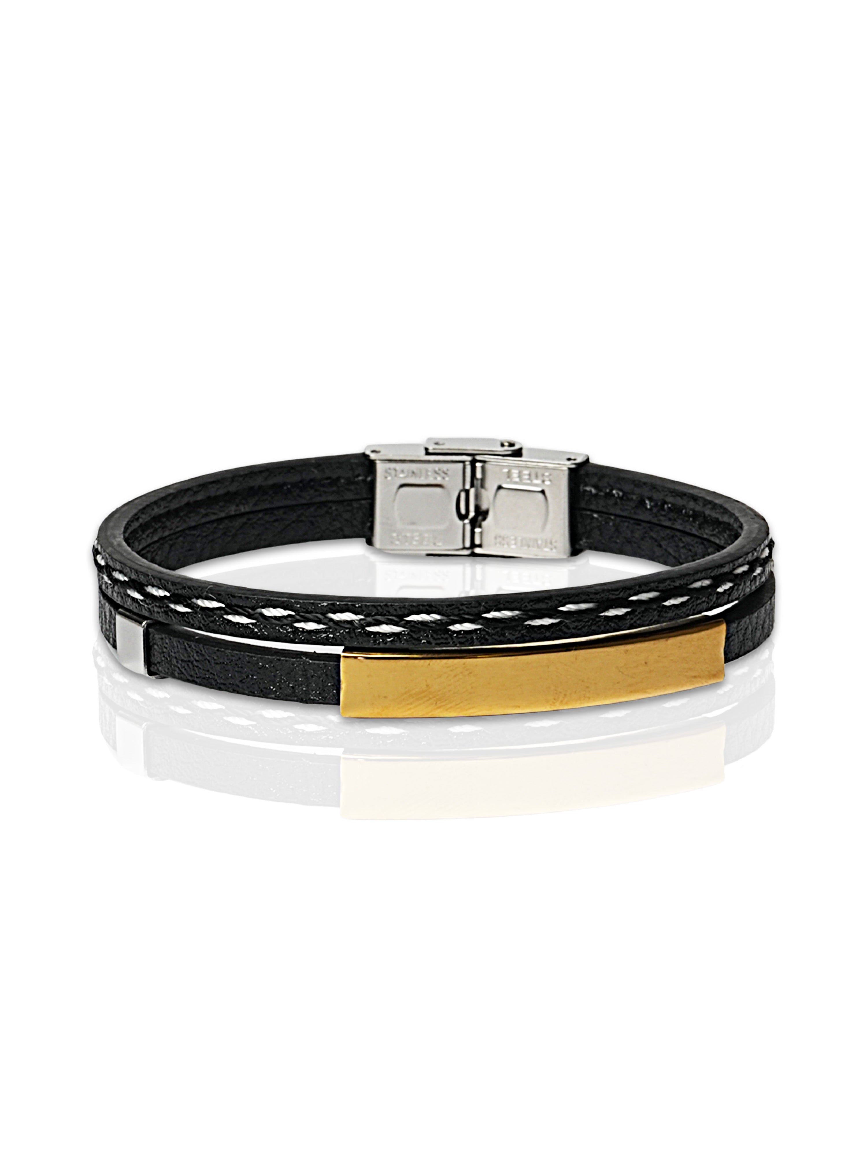 Black Leather Bracelet with Gold Tone Rectangular Bar