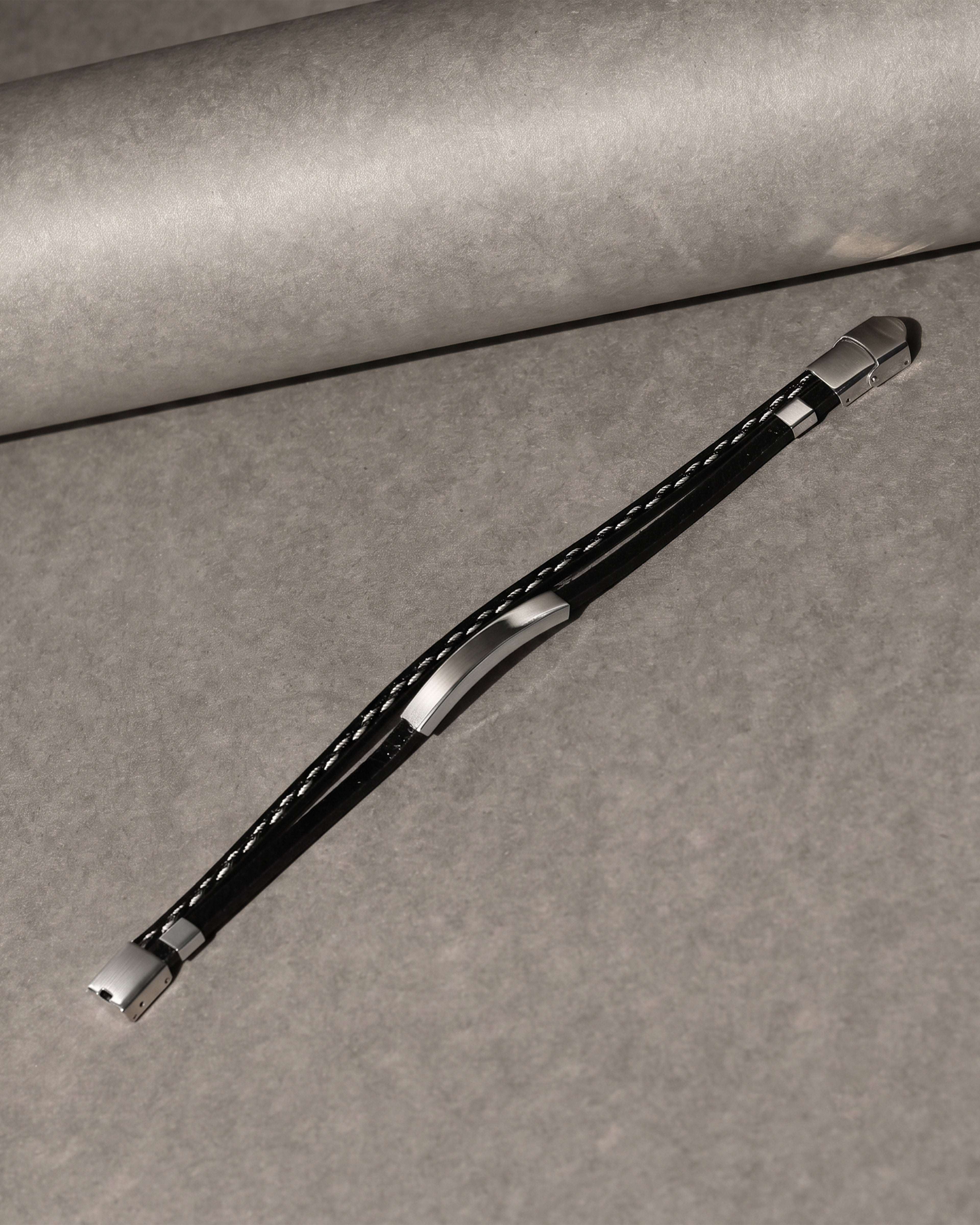 Black Multi-Strand Leather Bracelet with Silver Tone Bars