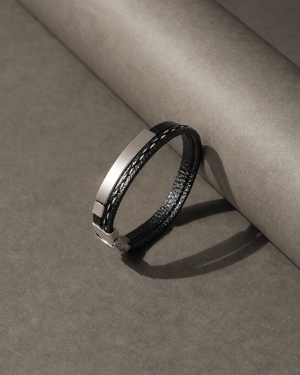 Black Multi-Strand Leather Bracelet with Silver Tone Bars