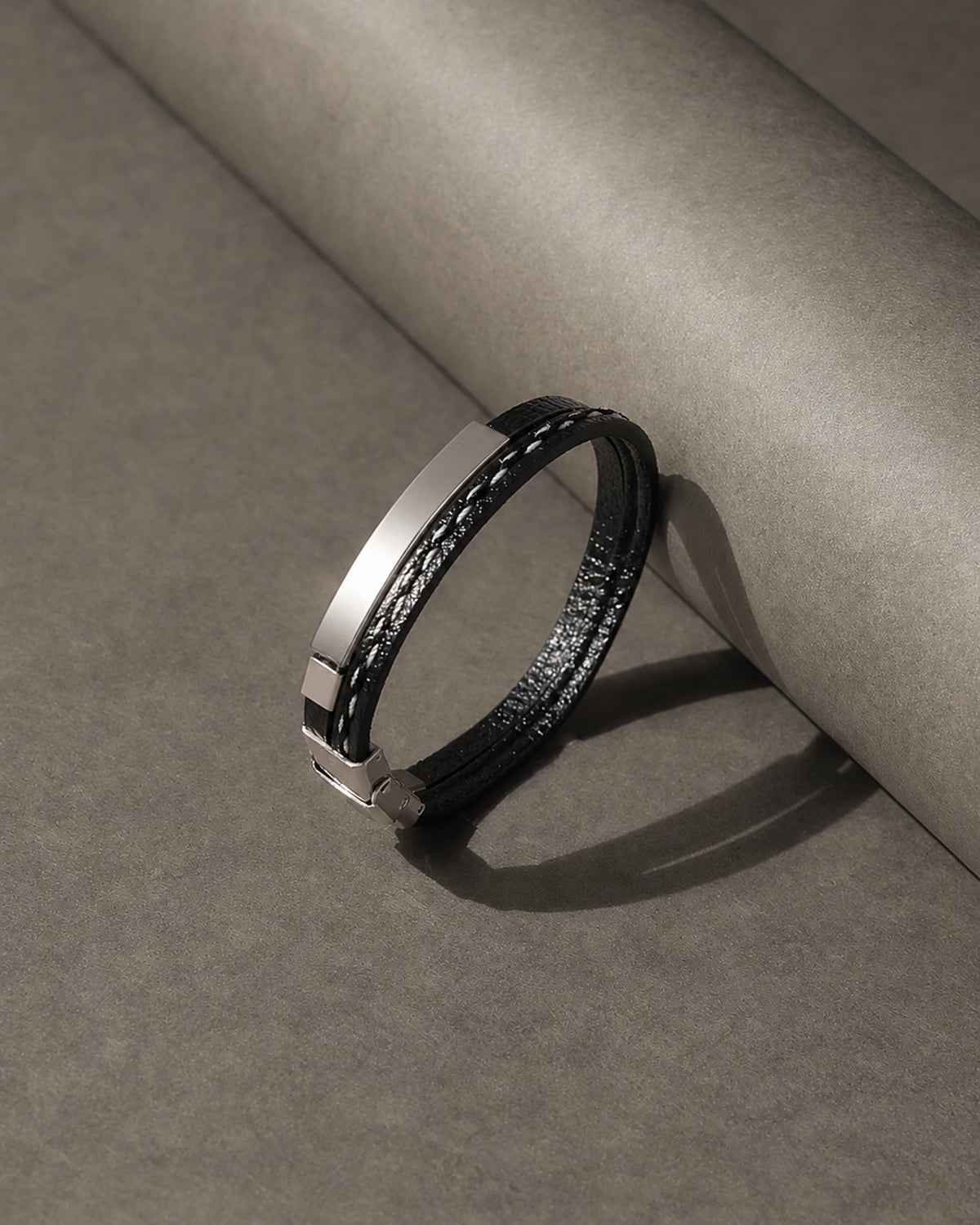 Black Multi-Strand Leather Bracelet with Silver Tone Bars