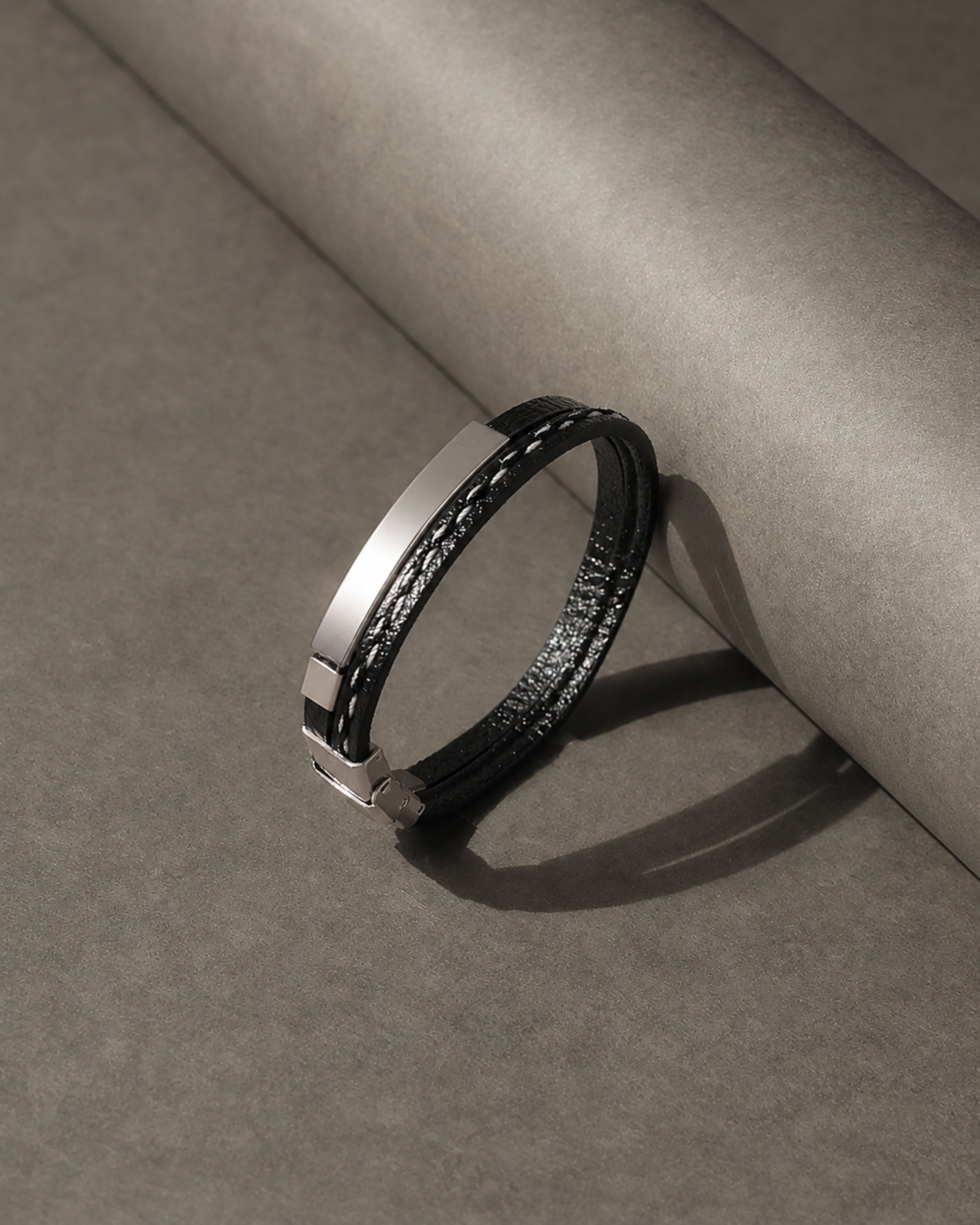 Black Multi-Strand Leather Bracelet with Silver Tone Bars