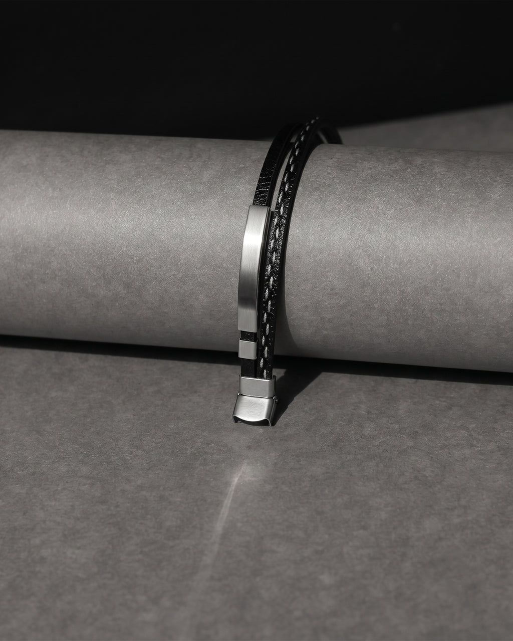 Black Leather Bracelet with Gold Tone Rectangular Bar