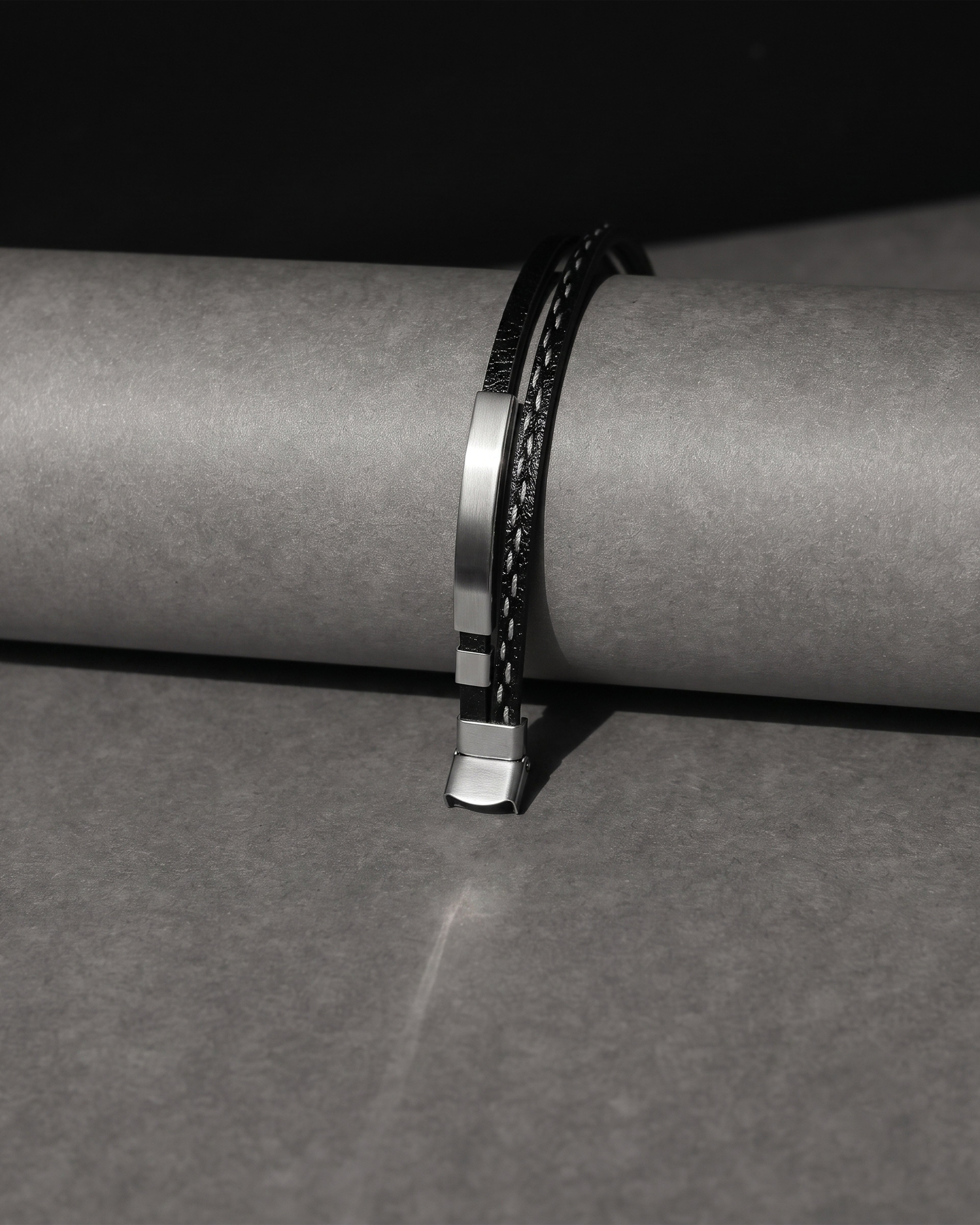 Black Leather Bracelet with Gold Tone Rectangular Bar