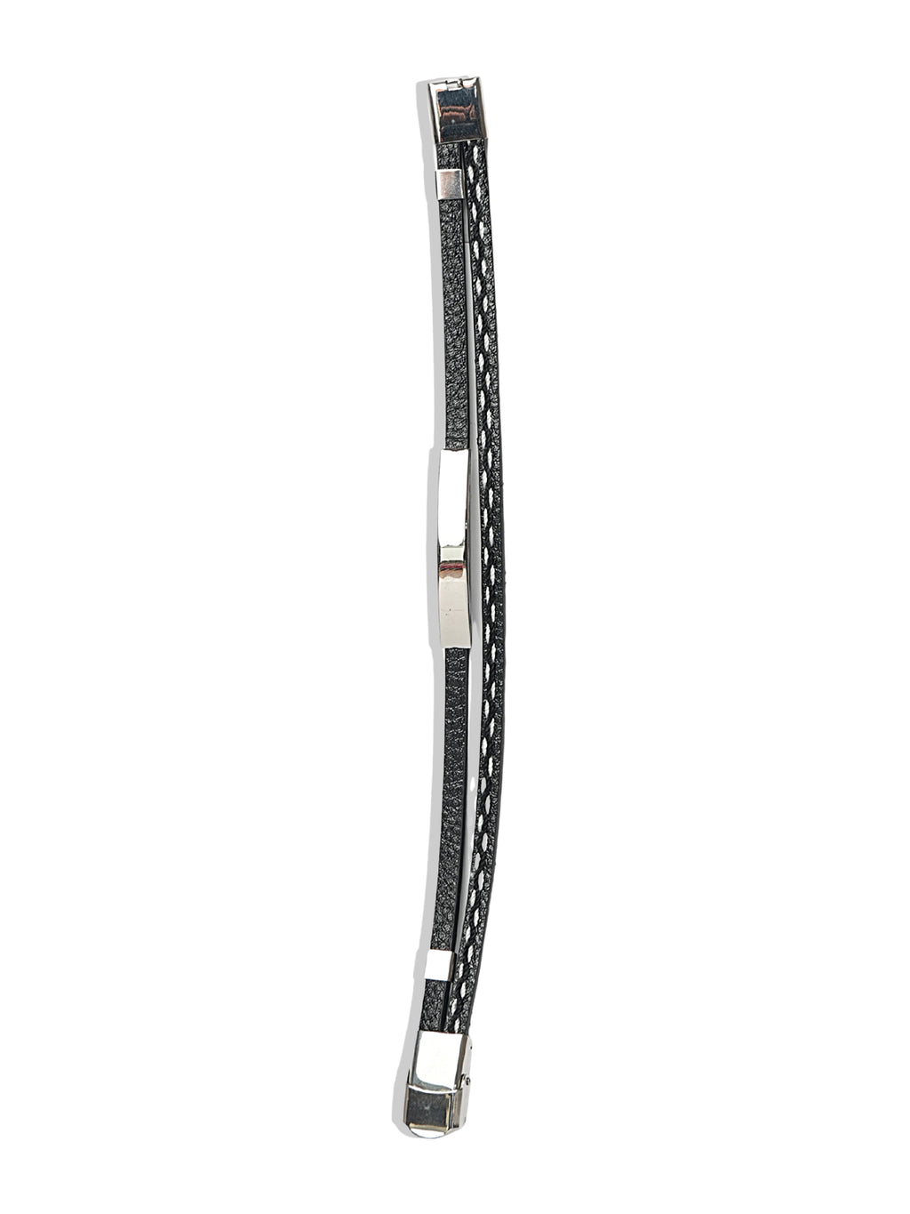 Black Multi-Strand Leather Bracelet with Silver Tone Bars