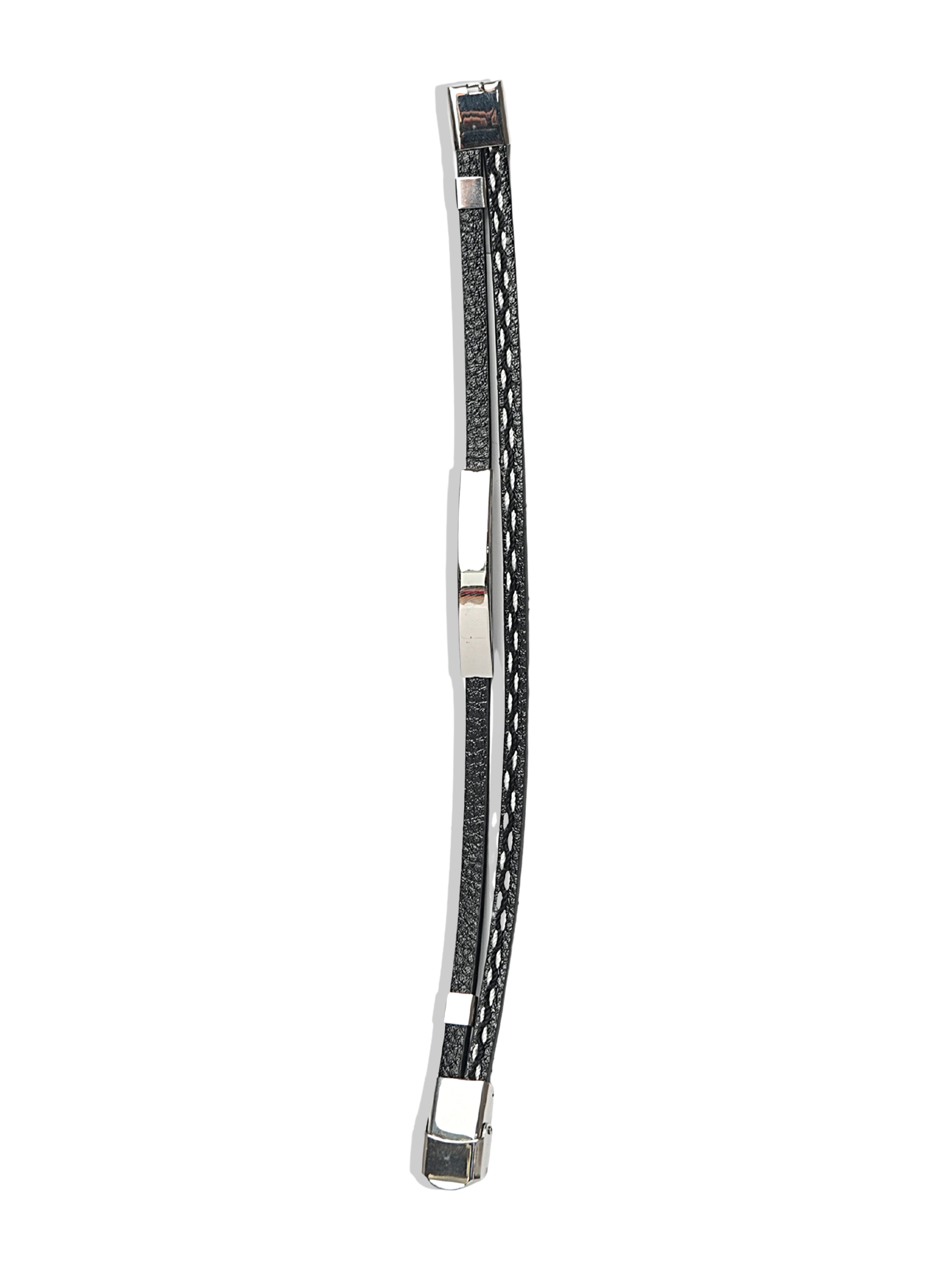 Black Multi-Strand Leather Bracelet with Silver Tone Bars