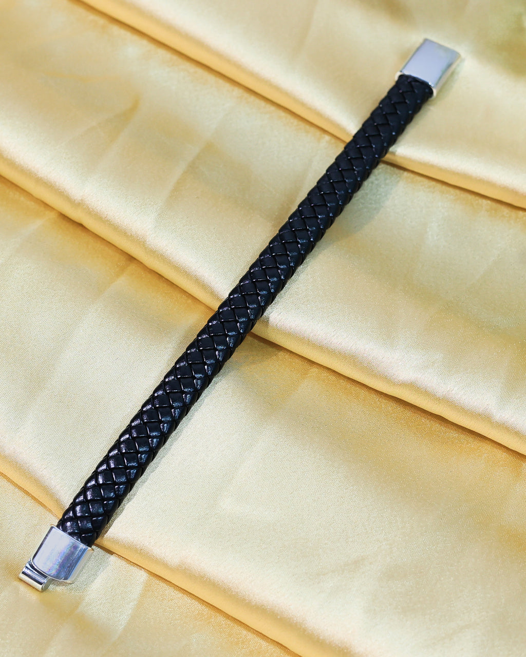 Black Braided Leather Bracelet with Silver Tone End Caps