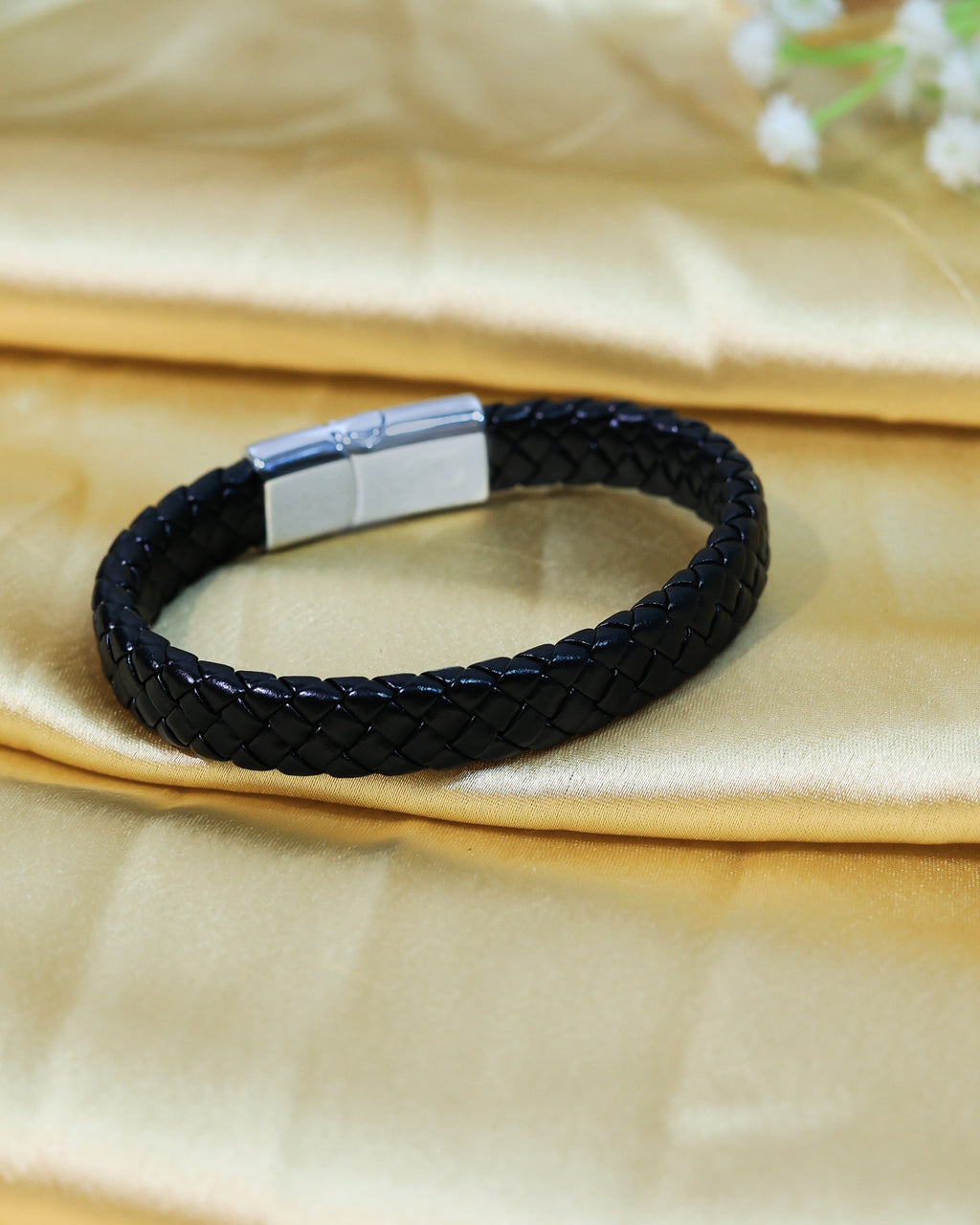Black Braided Leather Bracelet with Silver Tone End Caps