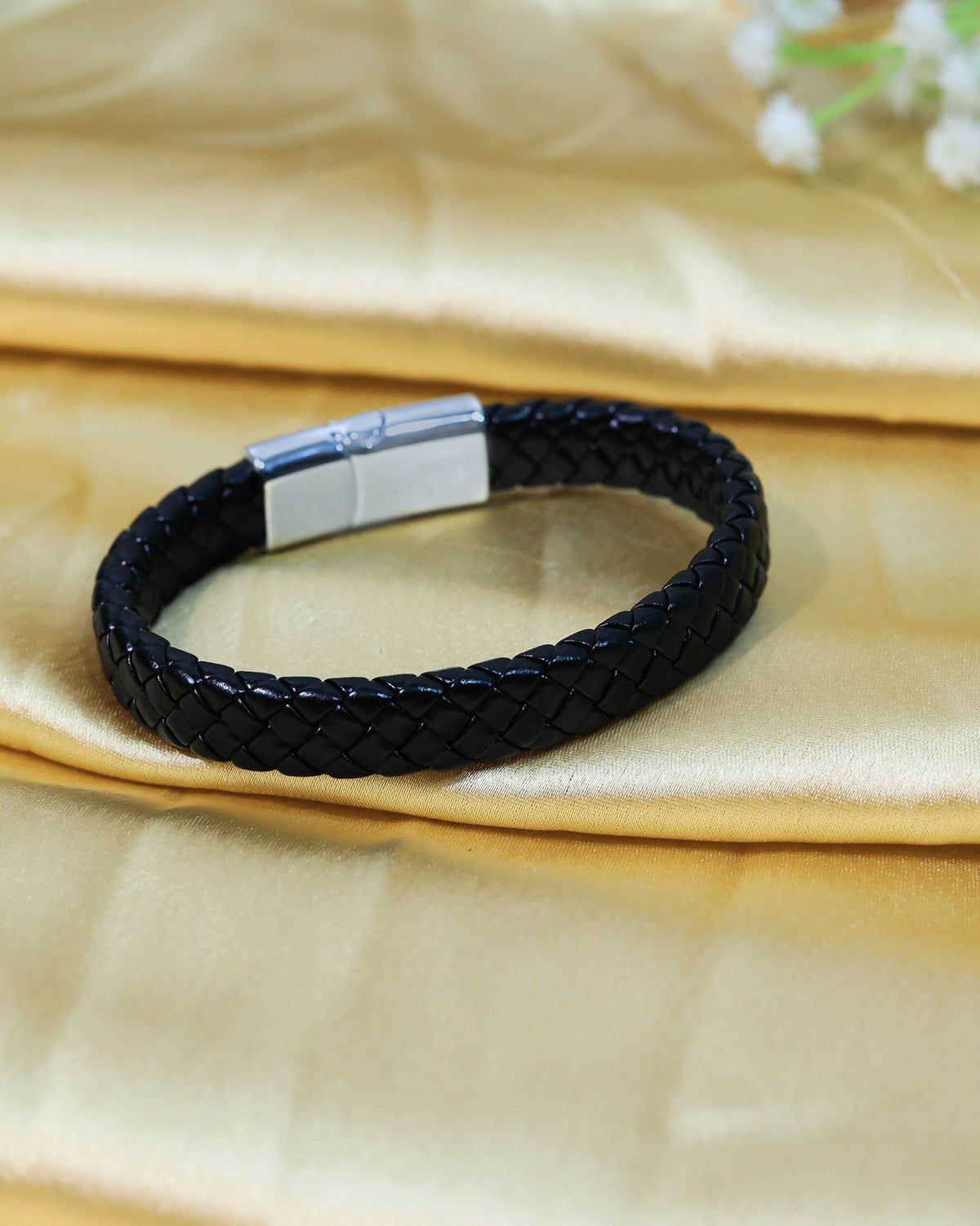 Black Braided Leather Bracelet with Silver Tone End Caps