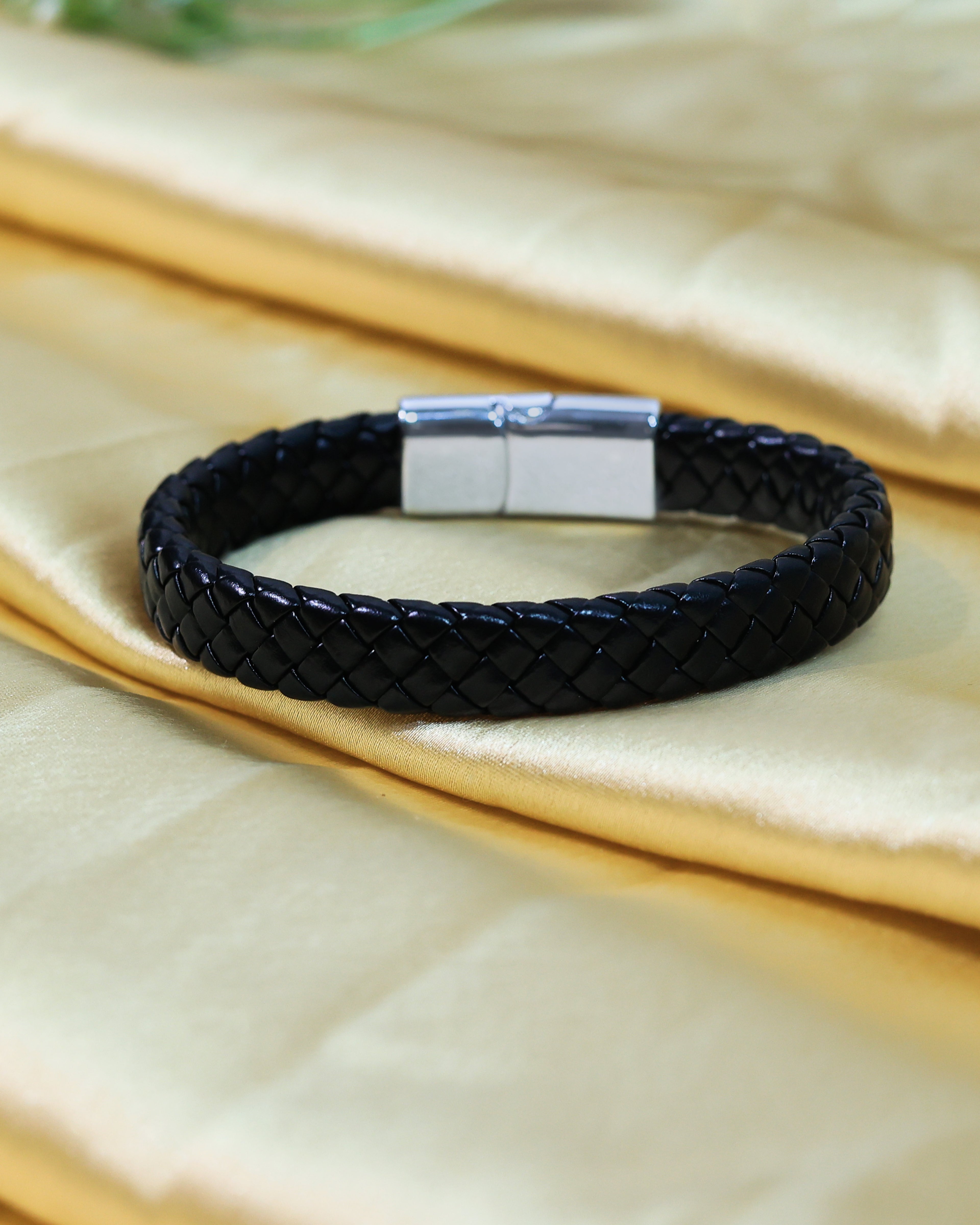 Black Braided Leather Bracelet with Silver Tone End Caps