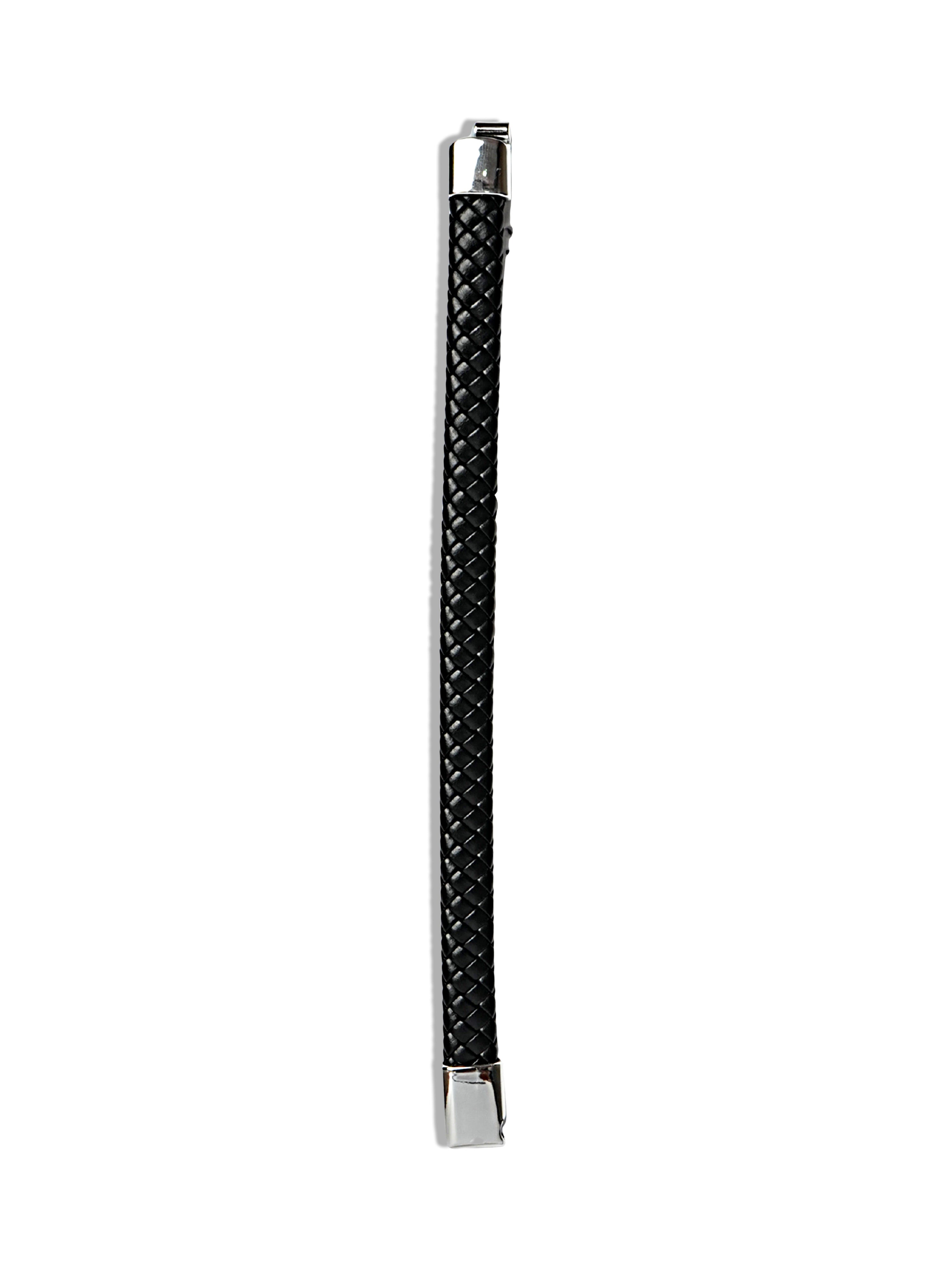 Black Braided Leather Bracelet with Silver Tone End Caps
