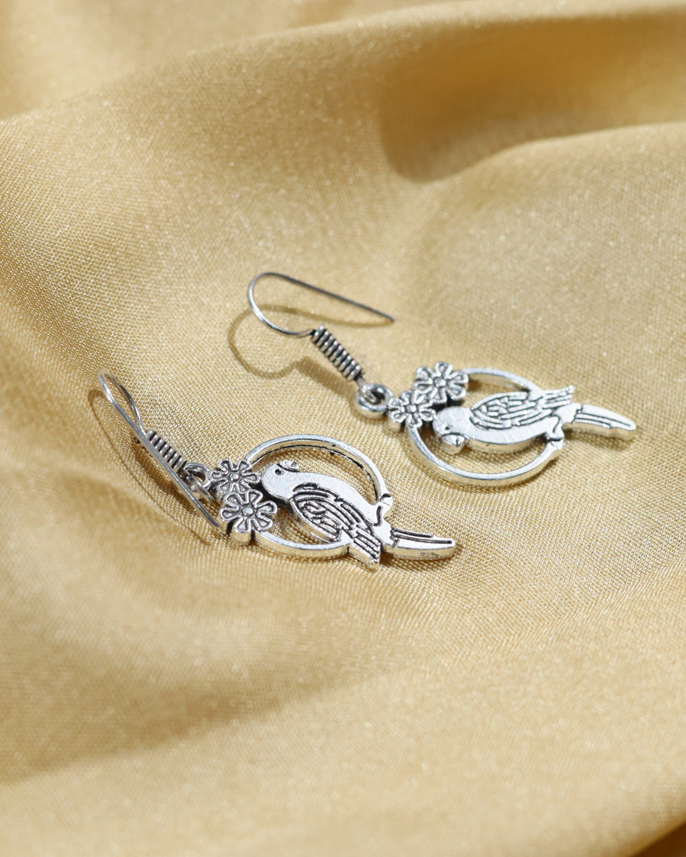 Oxidised Silver Bird Floral Drop Earrings