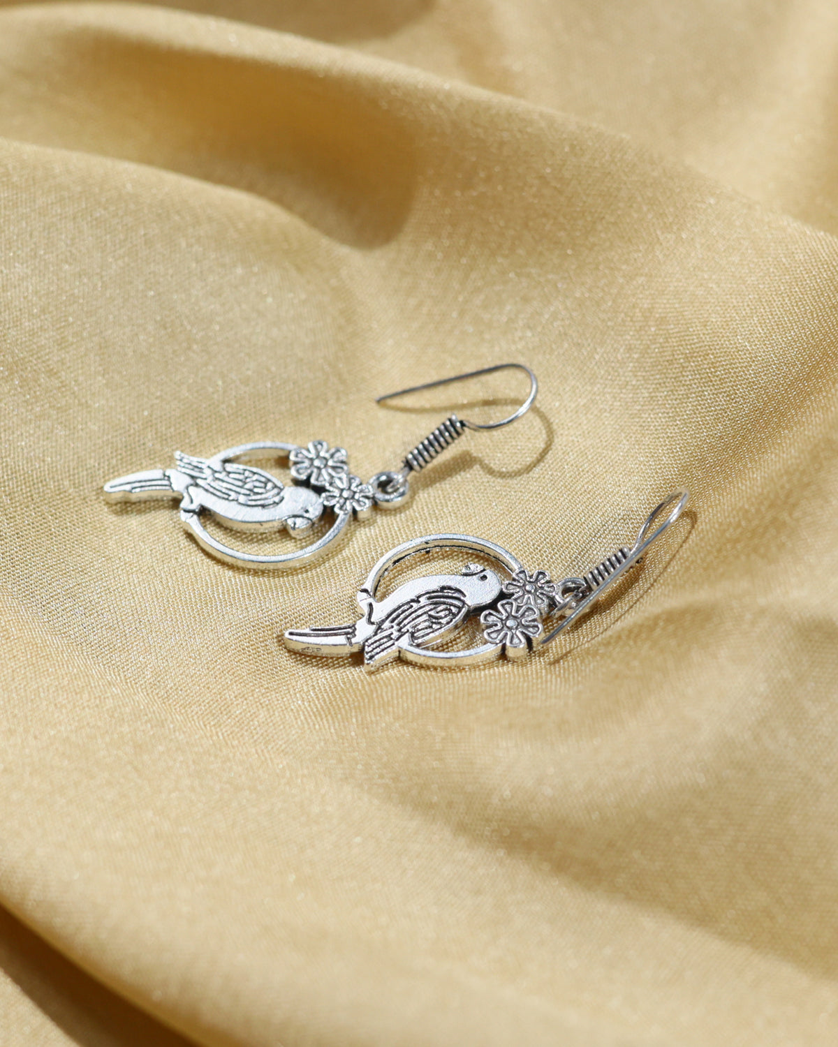 Oxidised Silver Bird Floral Drop Earrings