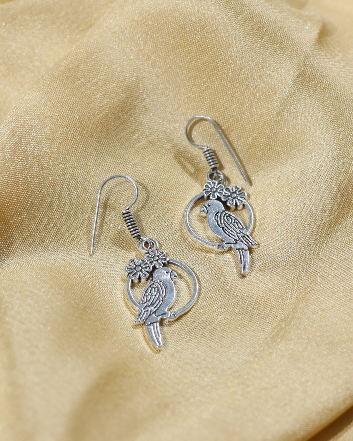 Oxidised Silver Bird Floral Drop Earrings