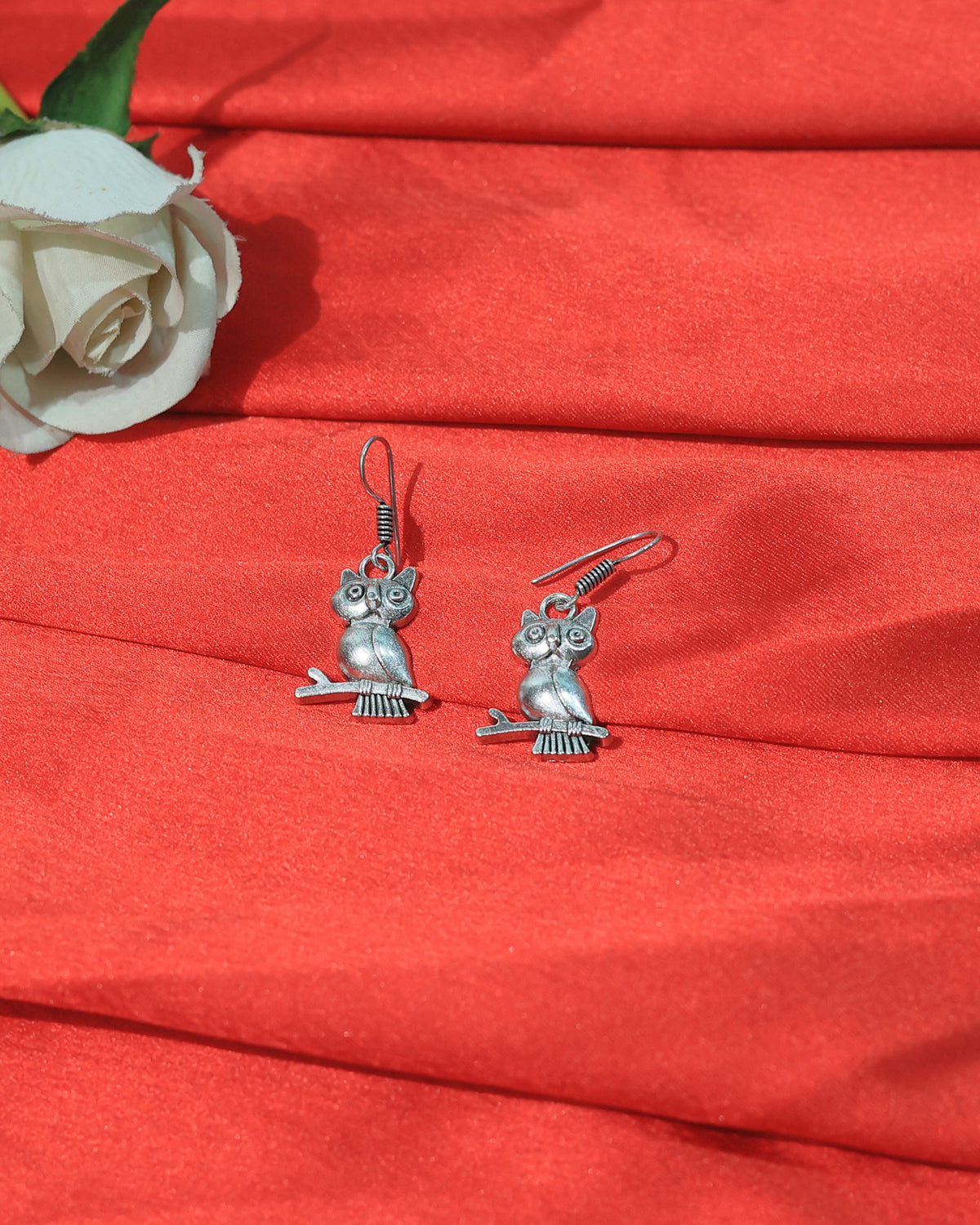 Oxidised Owl on Branch Drop Earrings