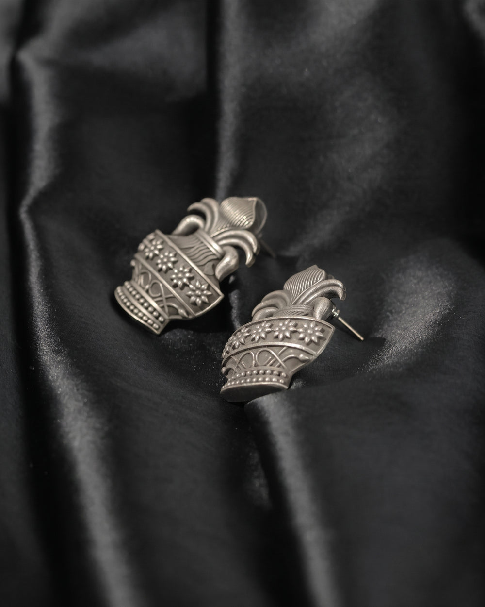 Oxidised Silver Floral Temple Stud Earrings