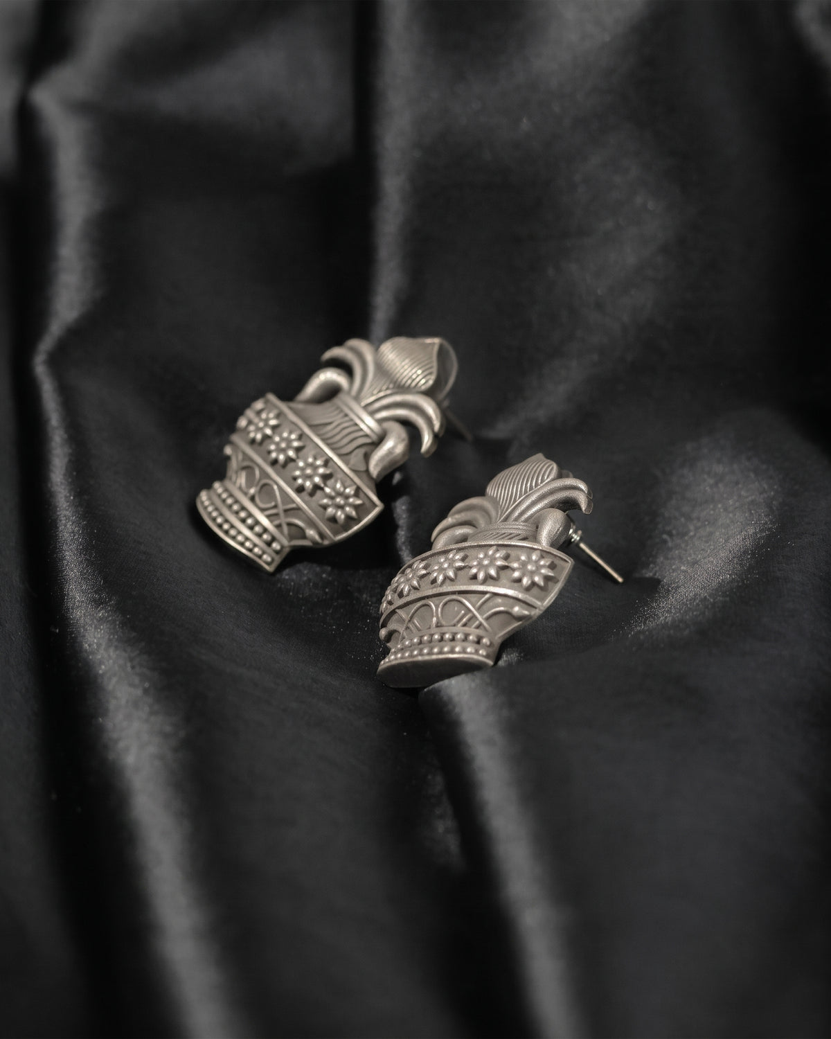 Oxidised Silver Floral Temple Stud Earrings
