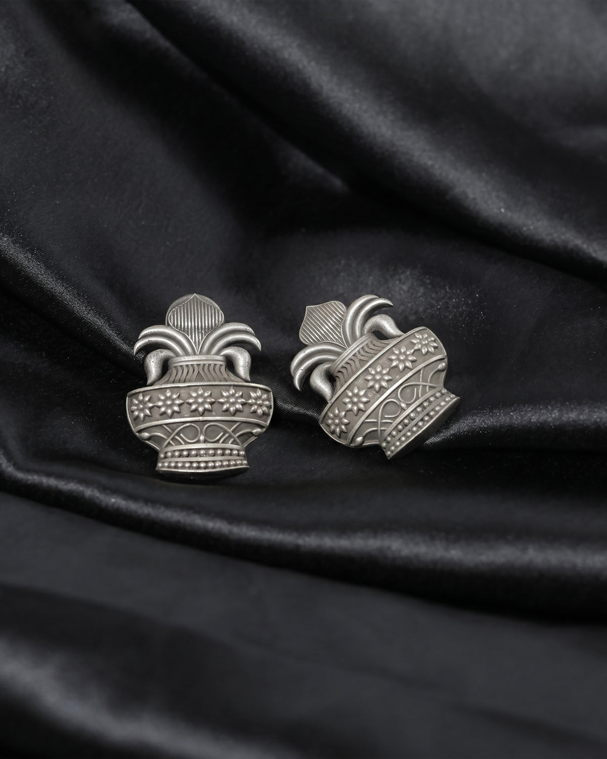 Oxidised Silver Floral Temple Stud Earrings
