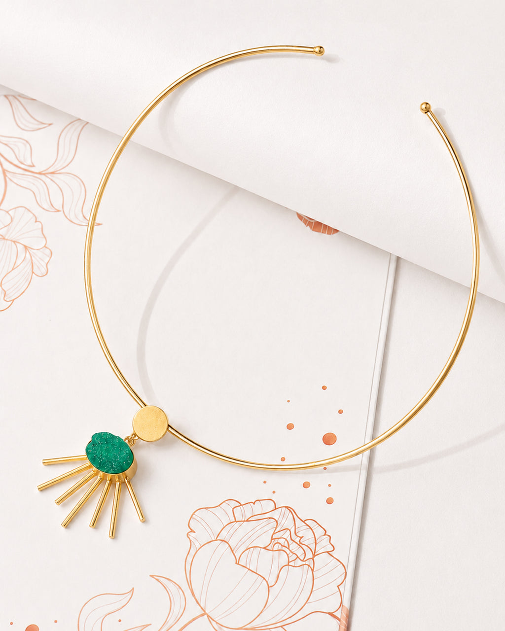 Gold-Tone Green Stone Sunburst Pendant Necklace