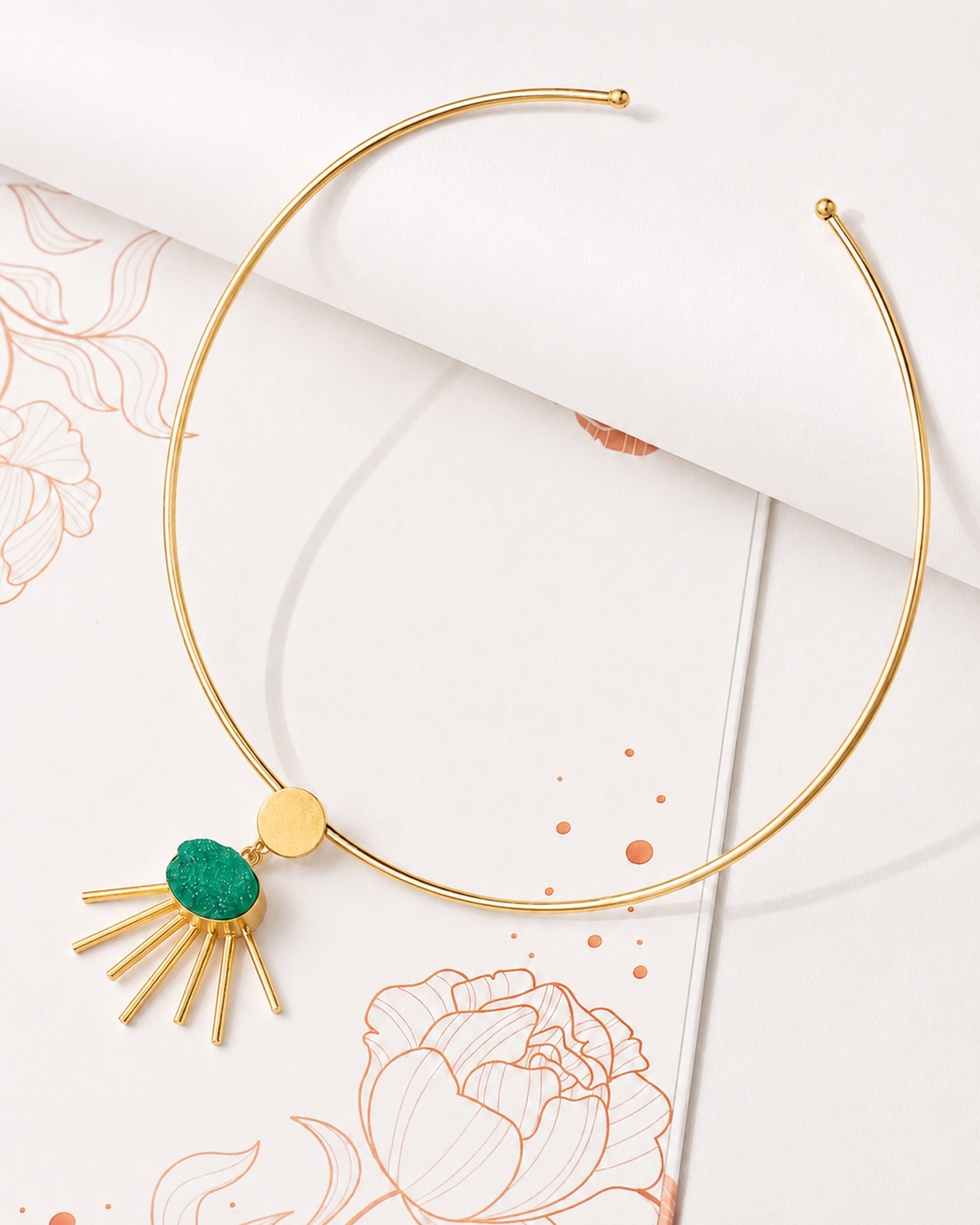 Gold-Tone Green Stone Sunburst Pendant Necklace