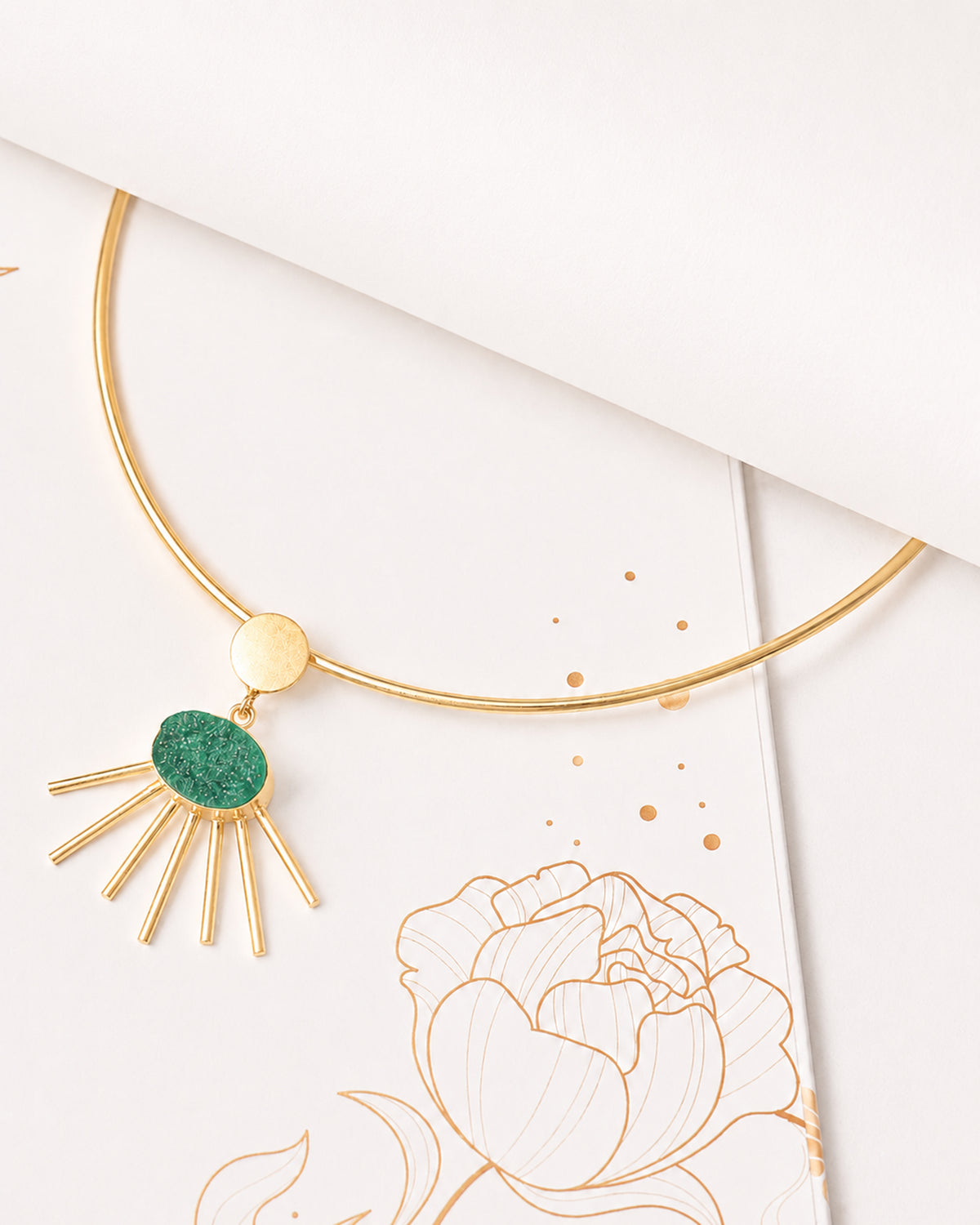 Gold-Tone Green Stone Sunburst Pendant Necklace