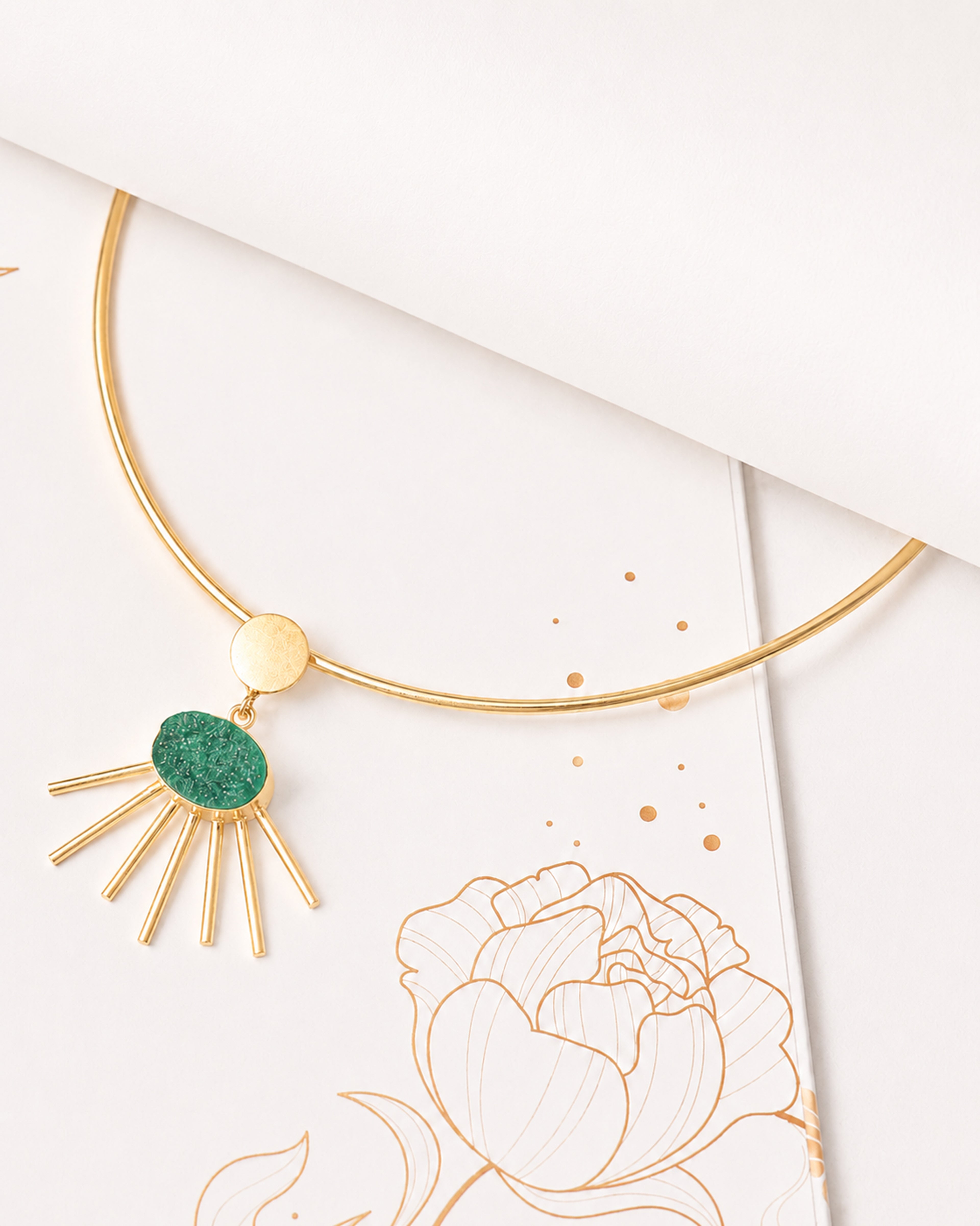 Gold-Tone Green Stone Sunburst Pendant Necklace