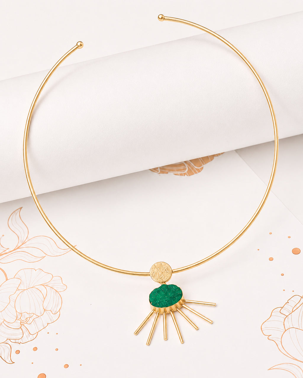 Gold-Tone Green Stone Sunburst Pendant Necklace