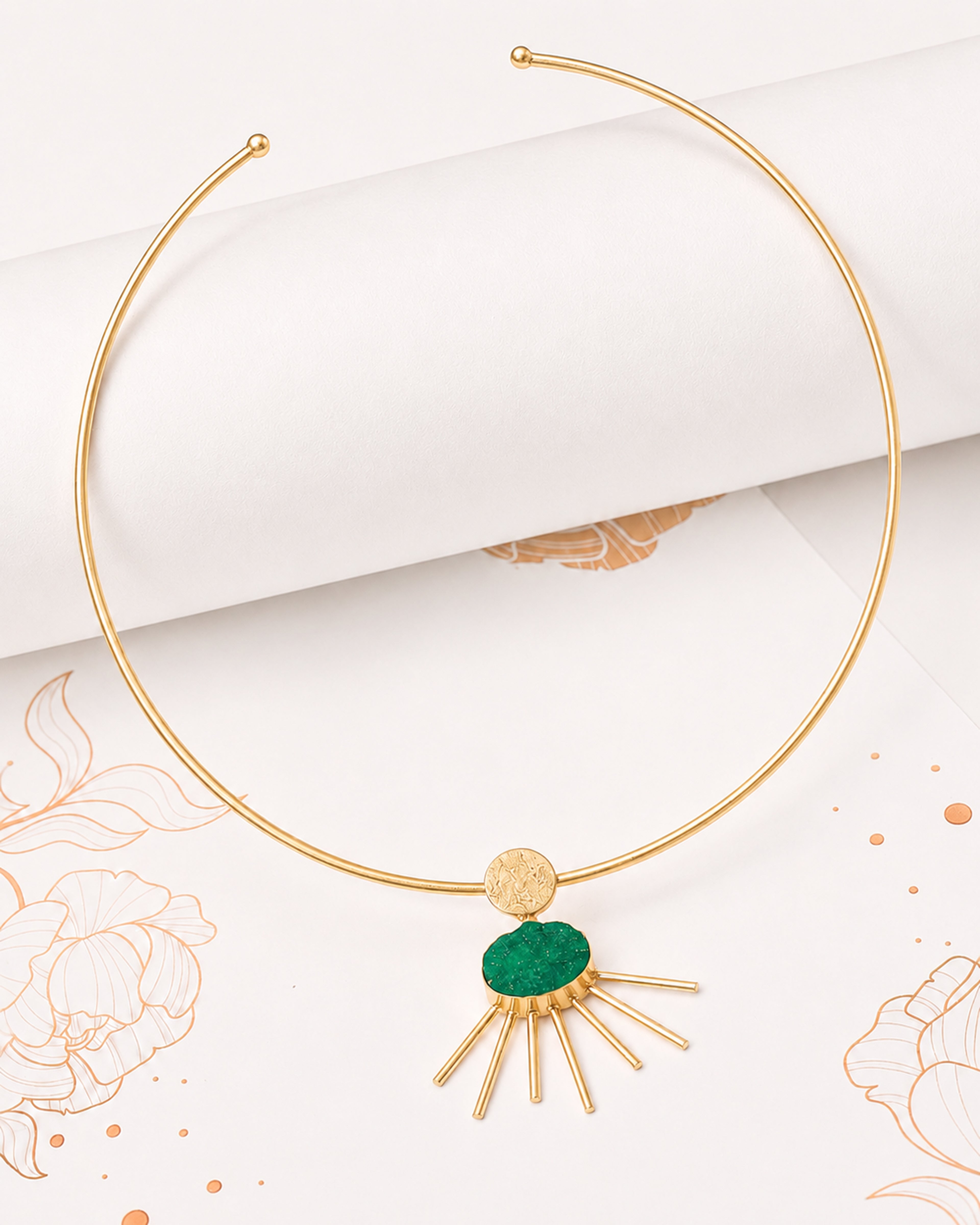 Gold-Tone Green Stone Sunburst Pendant Necklace