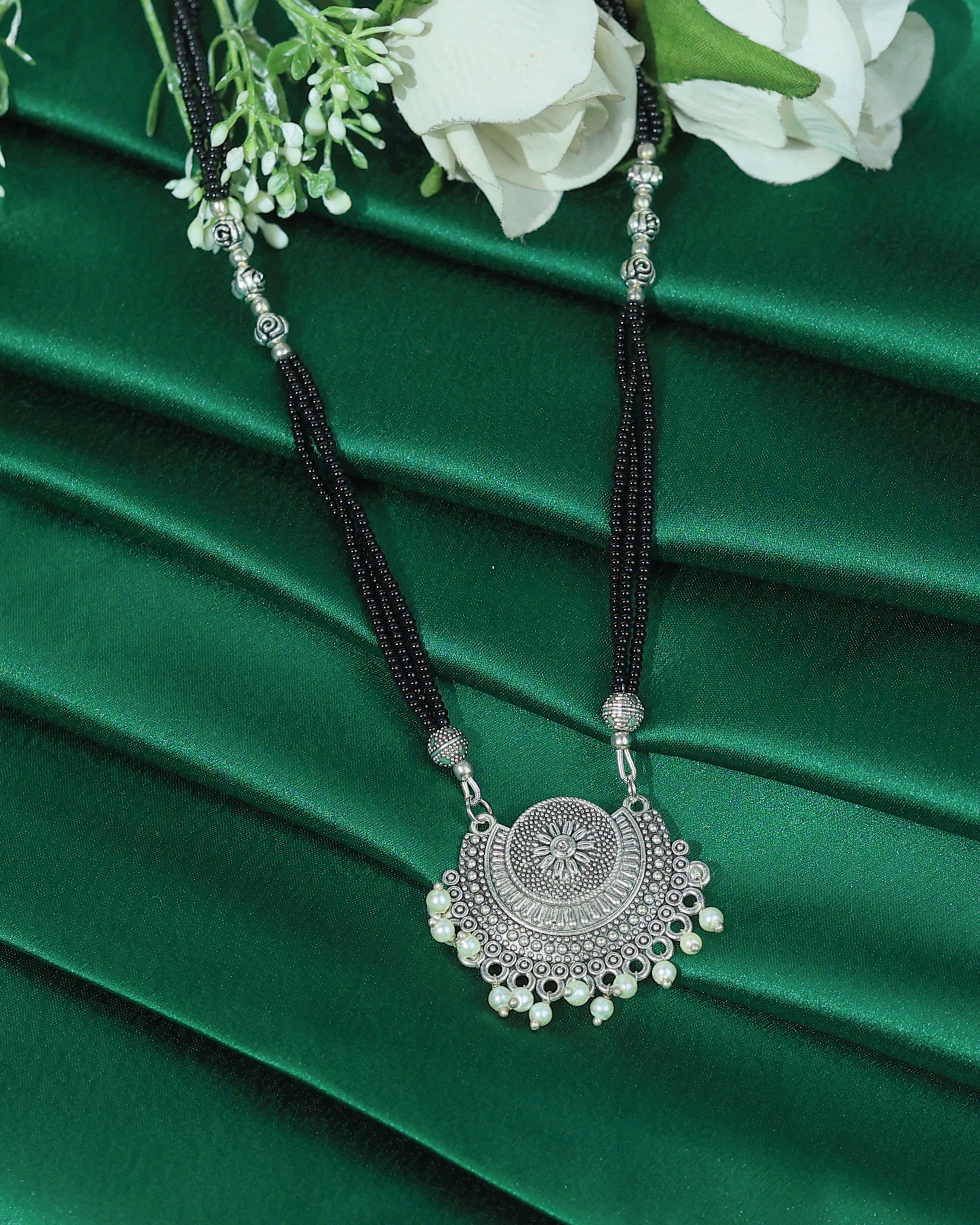 Black Beaded Oxidized Silver-Tone Pendant Necklace