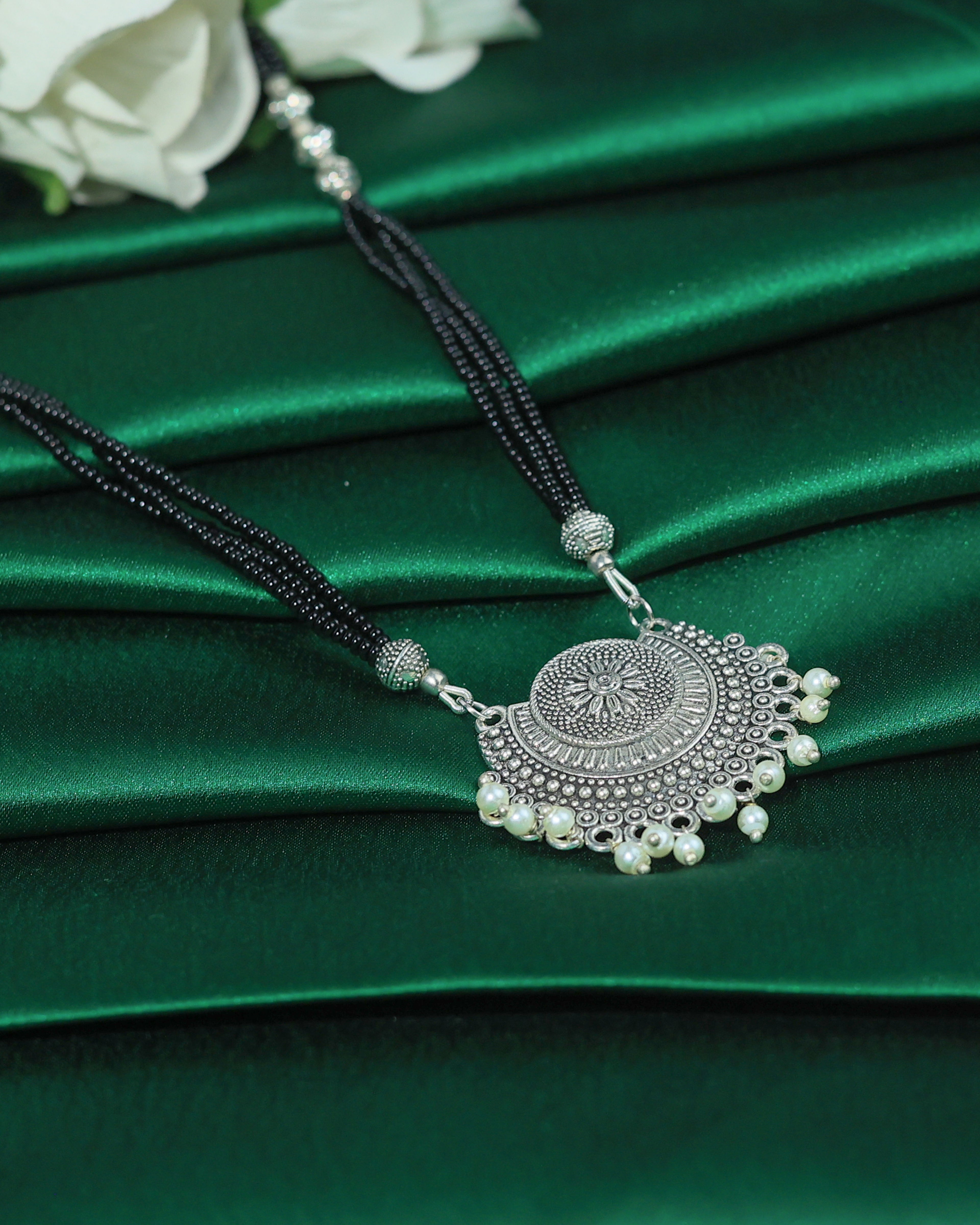 Black Beaded Oxidized Silver-Tone Pendant Necklace