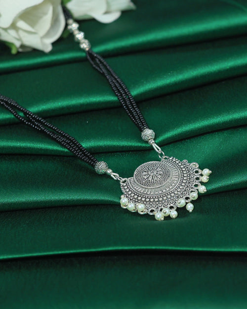 Black Beaded Oxidized Silver-Tone Pendant Necklace