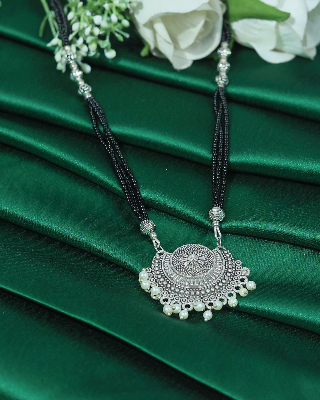 Black Beaded Oxidized Silver-Tone Pendant Necklace