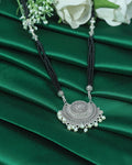 Black Beaded Oxidized Silver-Tone Pendant Necklace