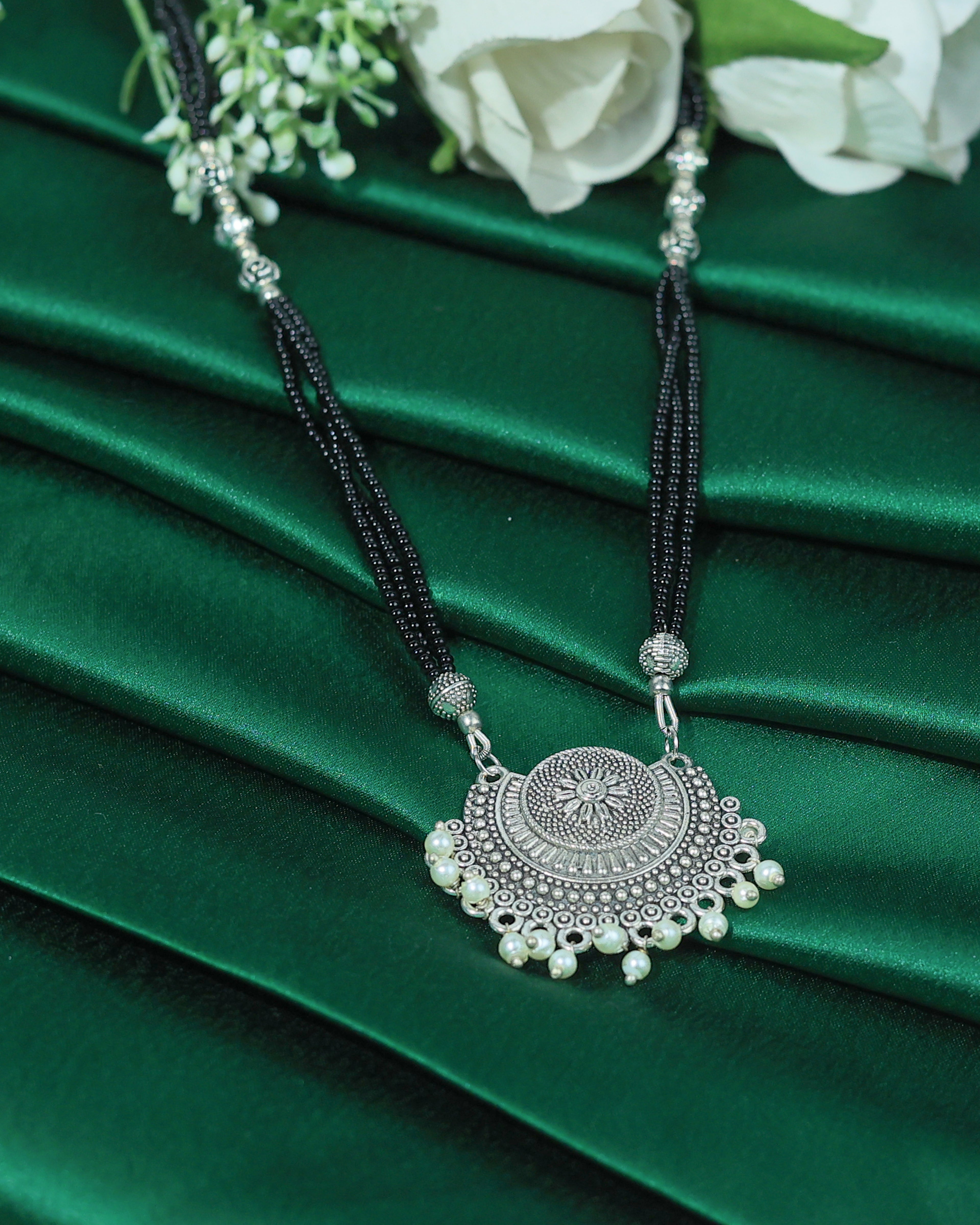 Black Beaded Oxidized Silver-Tone Pendant Necklace