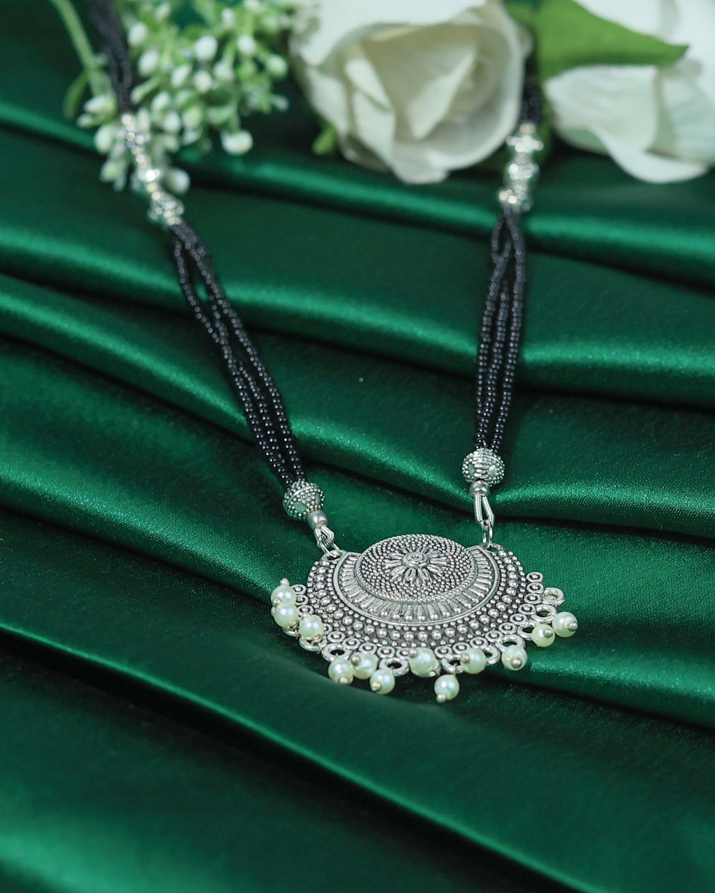 Black Beaded Oxidized Silver-Tone Pendant Necklace