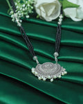 Black Beaded Oxidized Silver-Tone Pendant Necklace