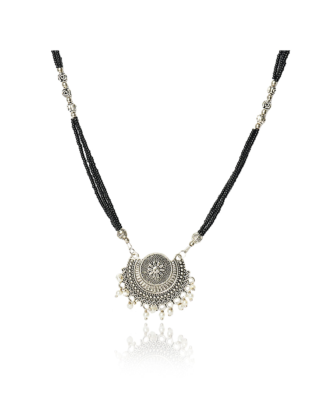 Black beaded oxidised silver-tone pendant necklace