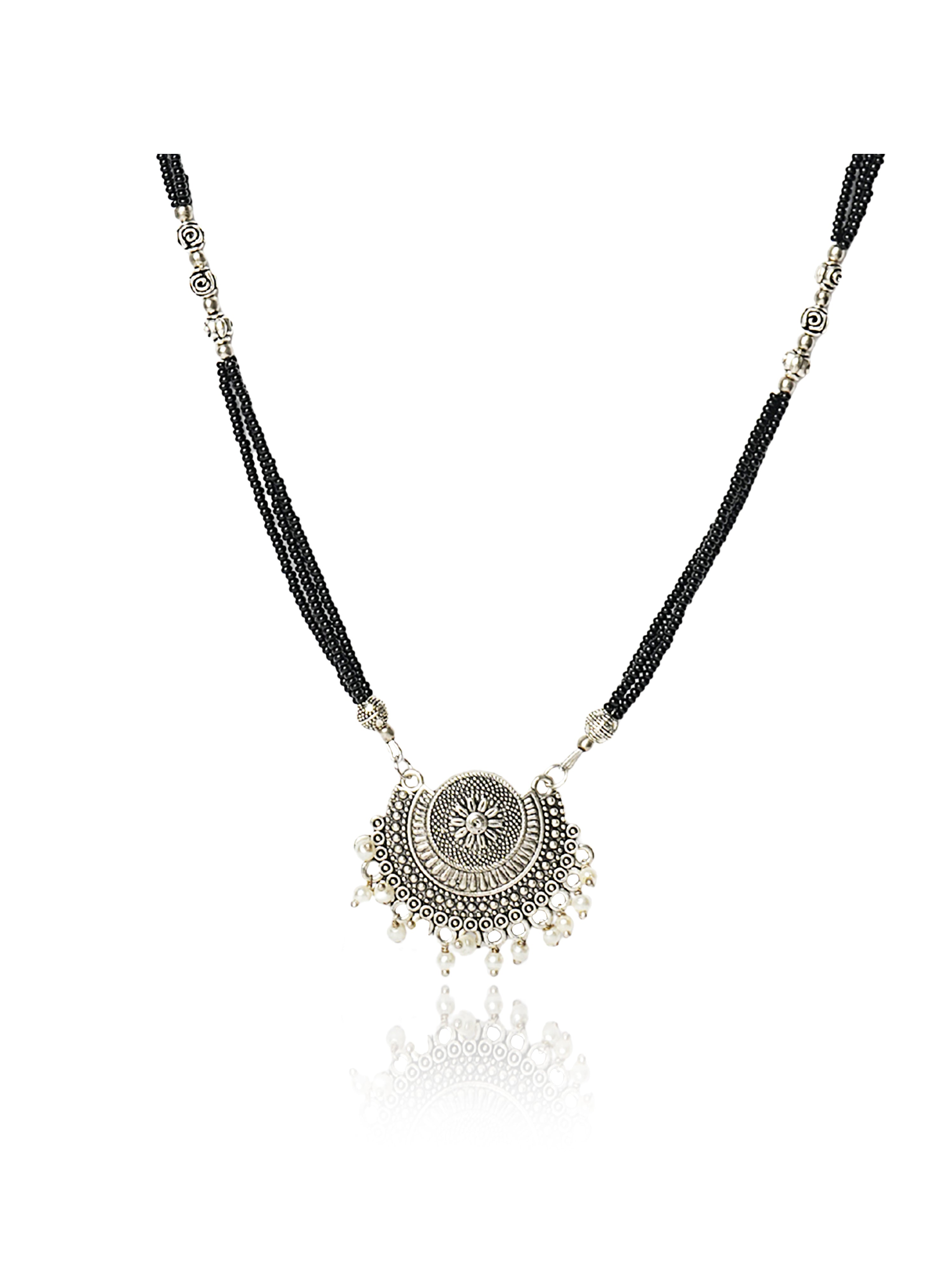 Black beaded oxidised silver-tone pendant necklace