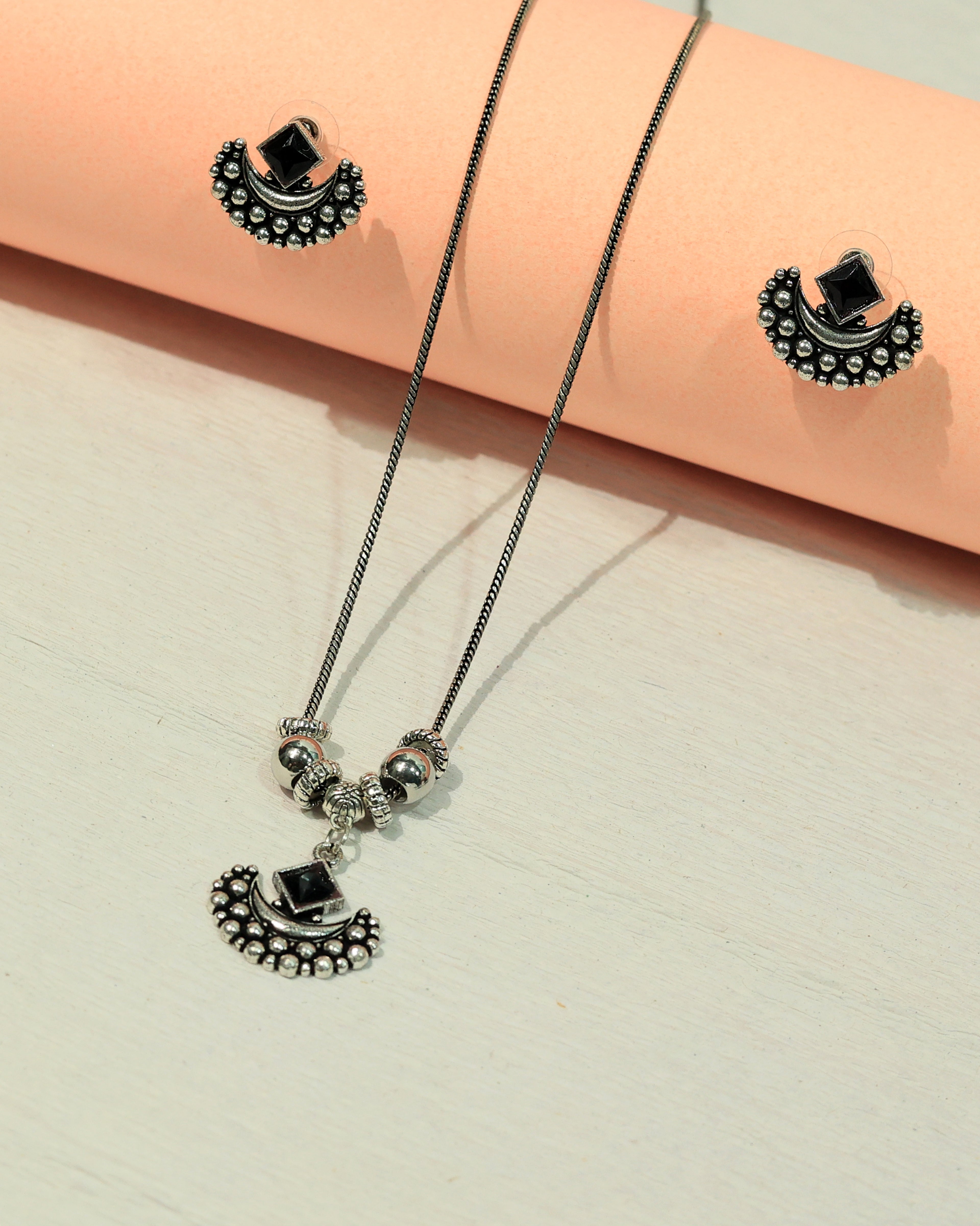 Oxidized Silver Black Stone Necklace & Earring Set