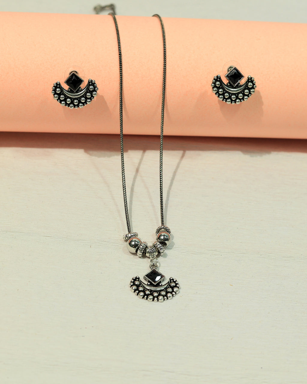 Oxidized Silver Black Stone Necklace & Earring Set