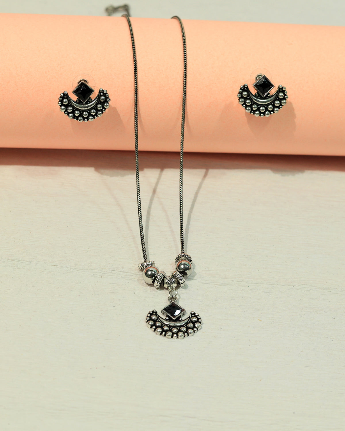 Oxidized Silver Black Stone Necklace & Earring Set