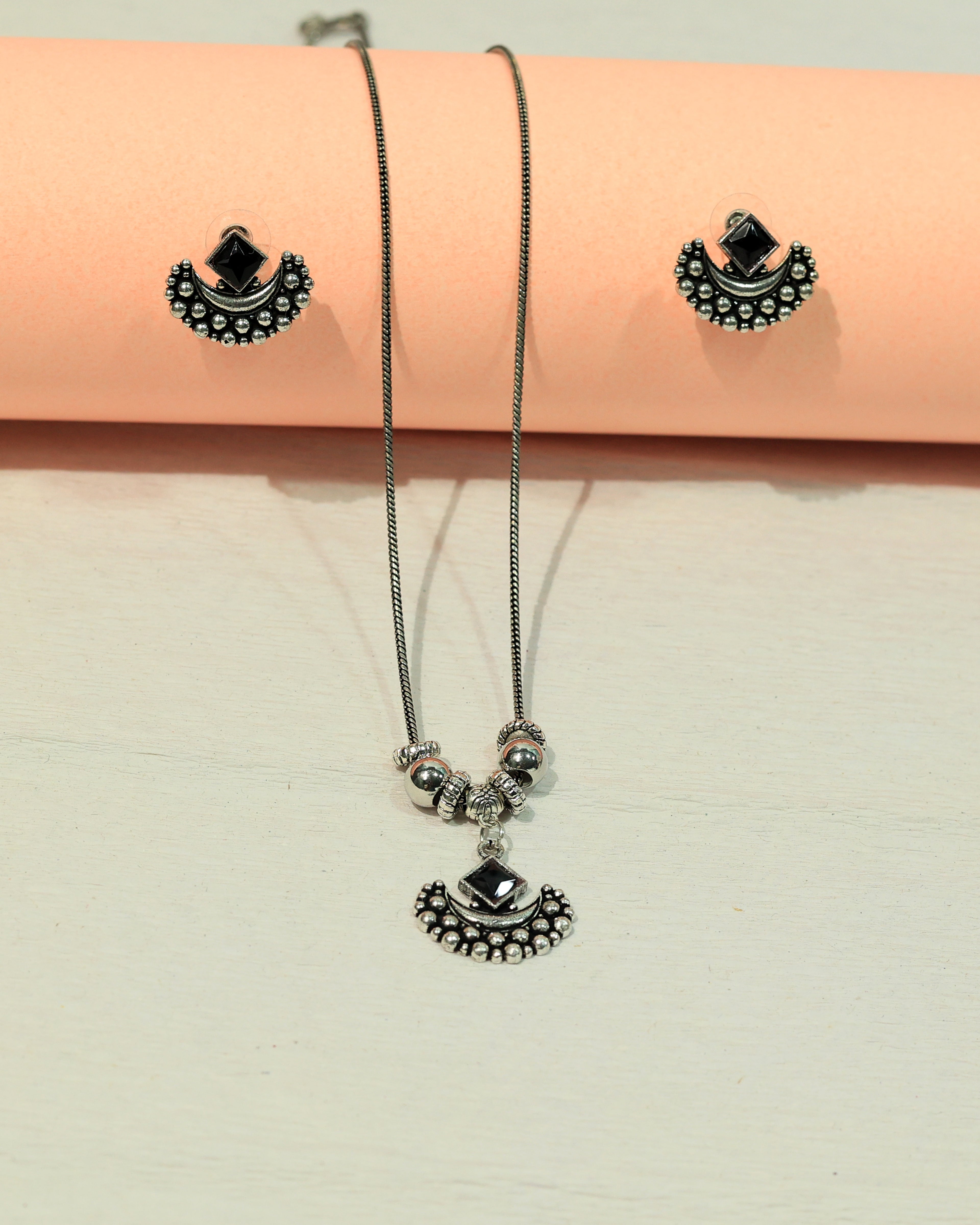Oxidized Silver Black Stone Necklace & Earring Set