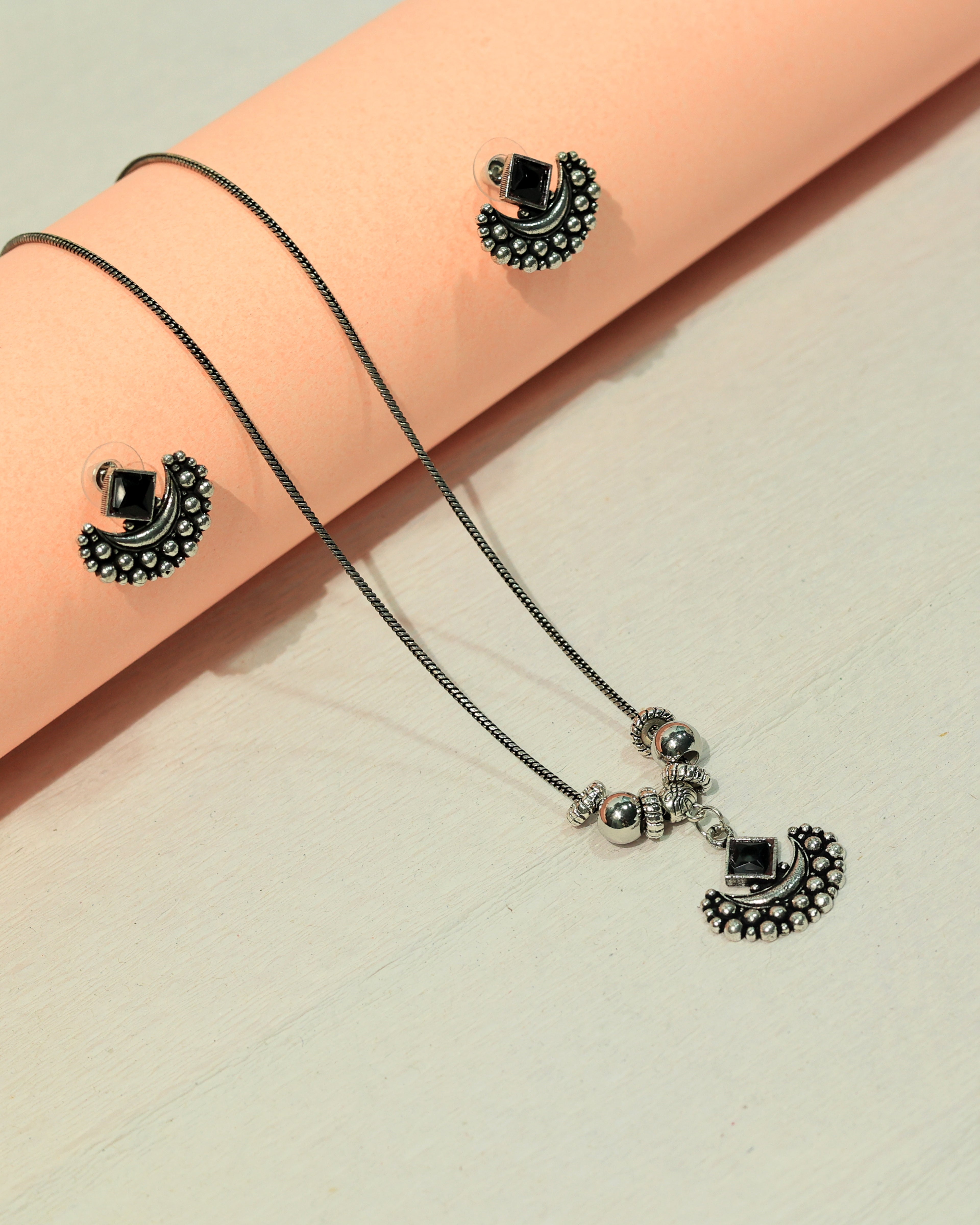 Oxidized Silver Black Stone Necklace & Earring Set