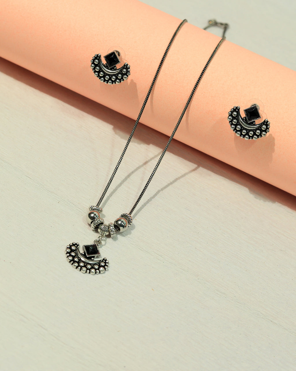 Oxidized Silver Black Stone Necklace & Earring Set