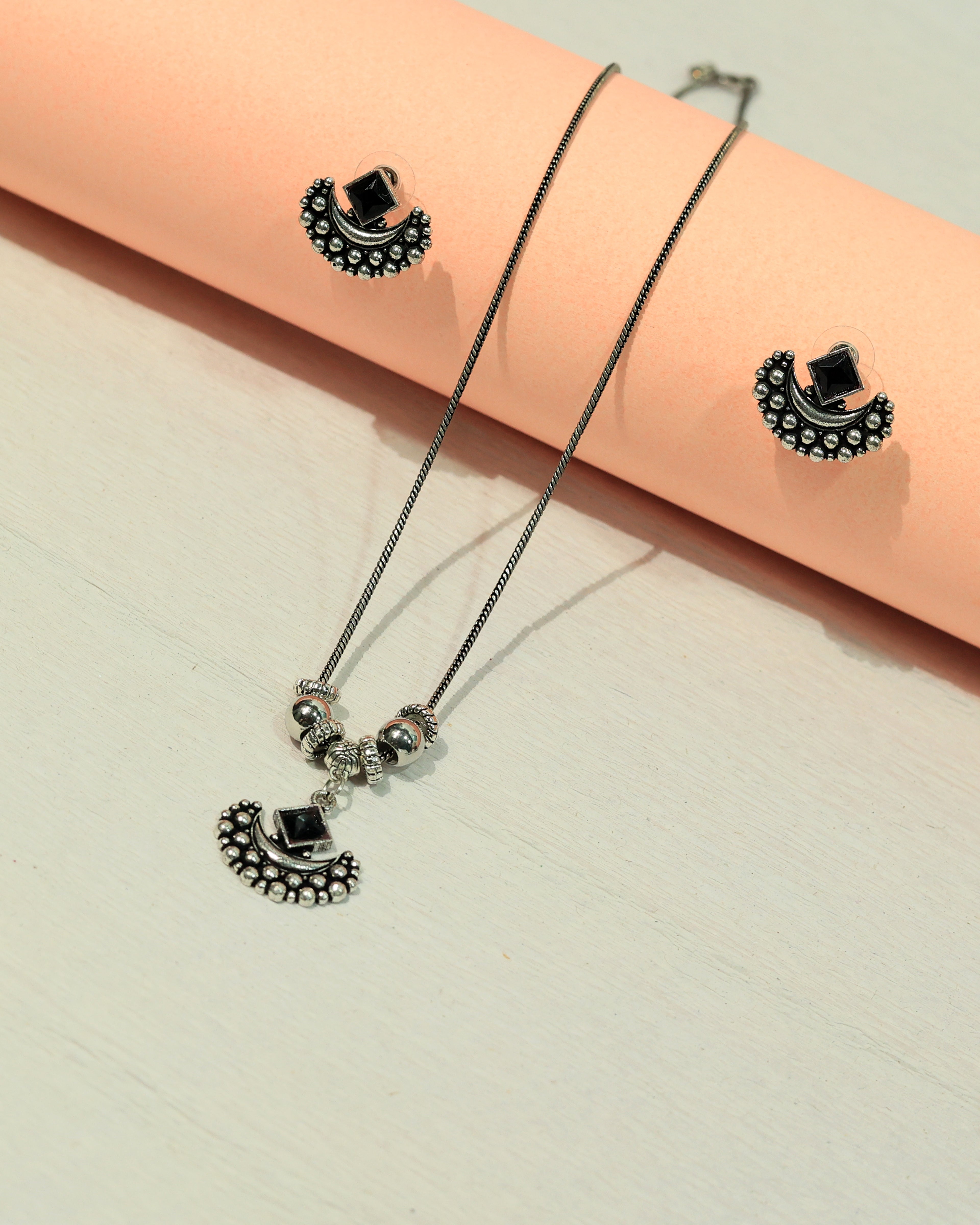 Oxidized Silver Black Stone Necklace & Earring Set