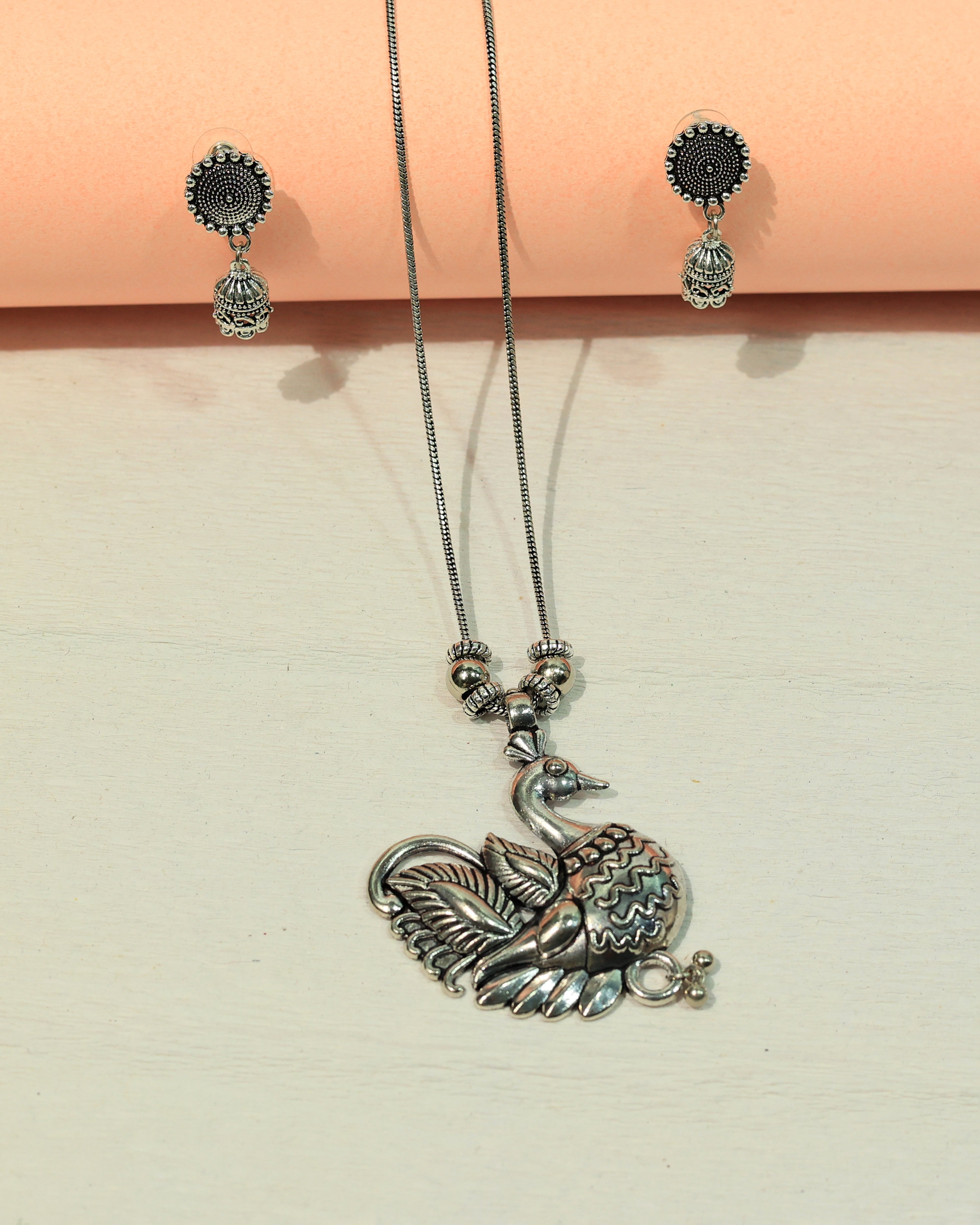 Oxidized Silver Peacock Pendant Necklace & Earring Set
