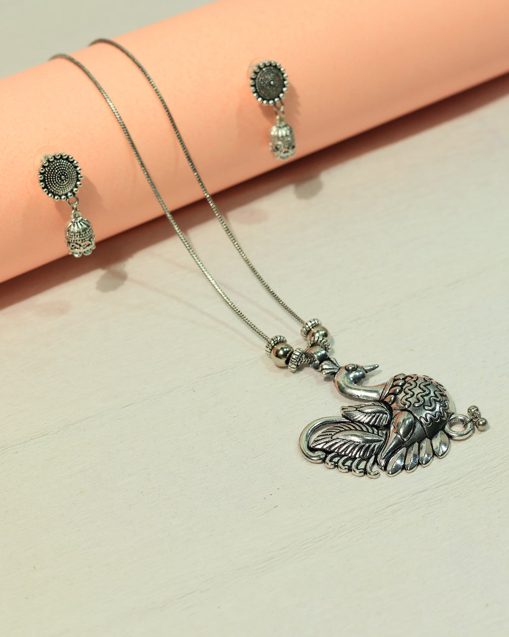 Oxidized Silver Peacock Pendant Necklace & Earring Set