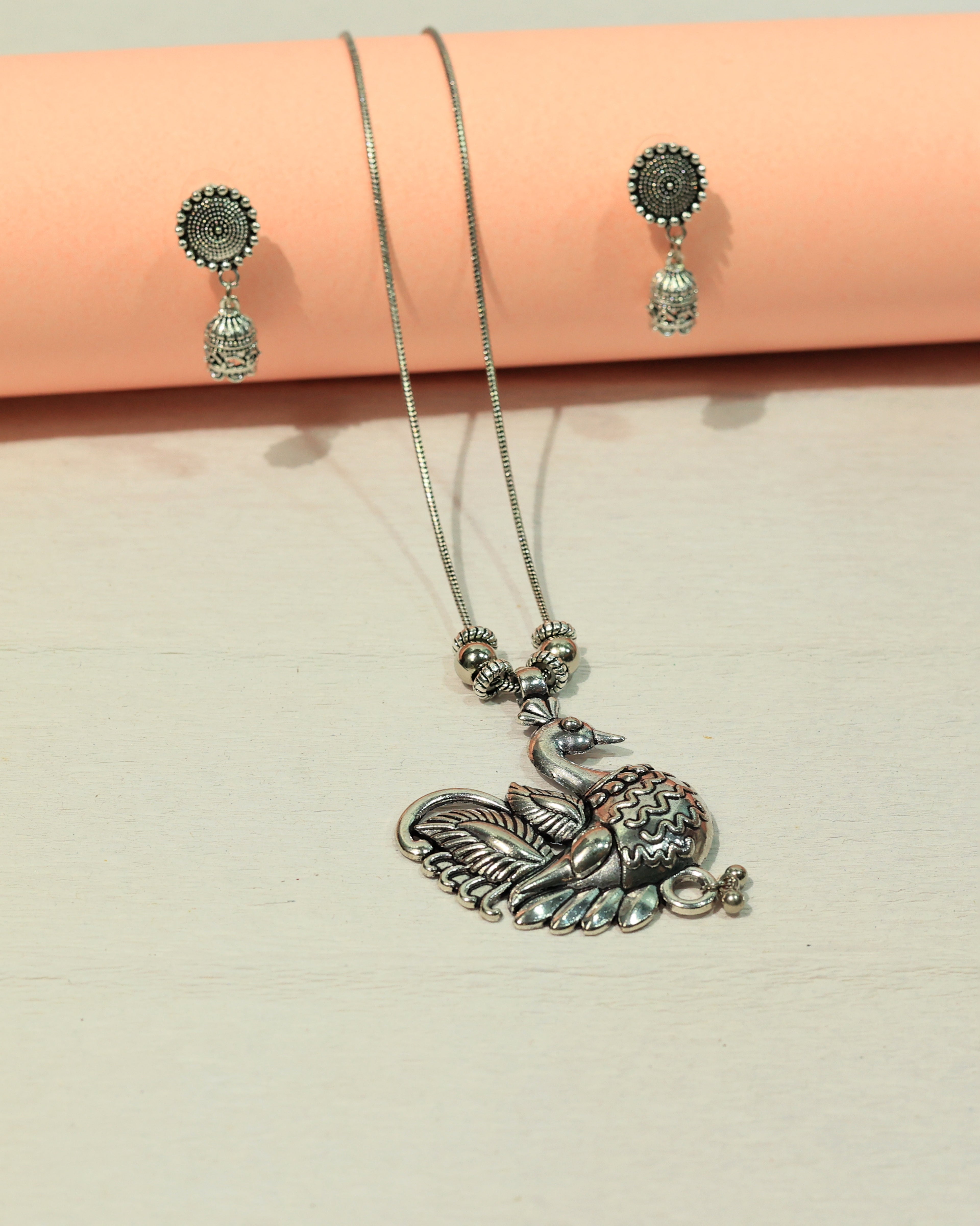 Oxidized Silver Peacock Pendant Necklace & Earring Set