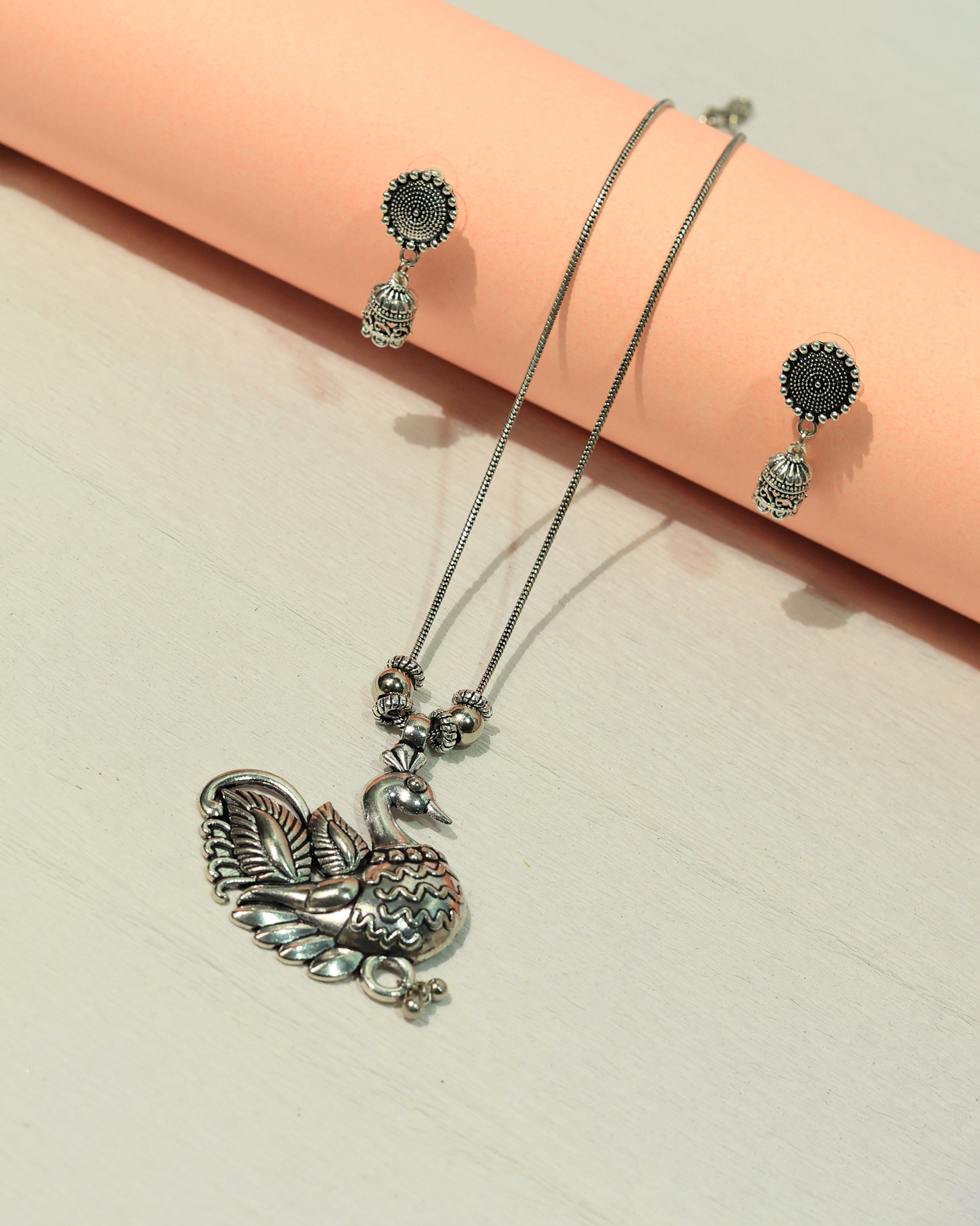 Oxidized Silver Peacock Pendant Necklace & Earring Set